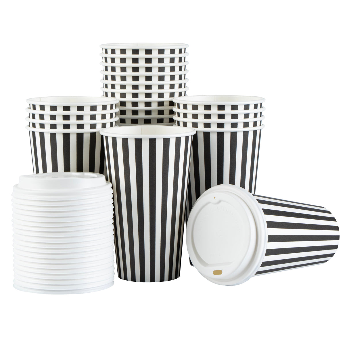 Cups, Hot, Restpresso 16 Ounce, Paper, Black & White Stripe, Single Wall, 3.50 x 3.50 x 5.75 Inch, with White Lid,20 - 20 COUNT