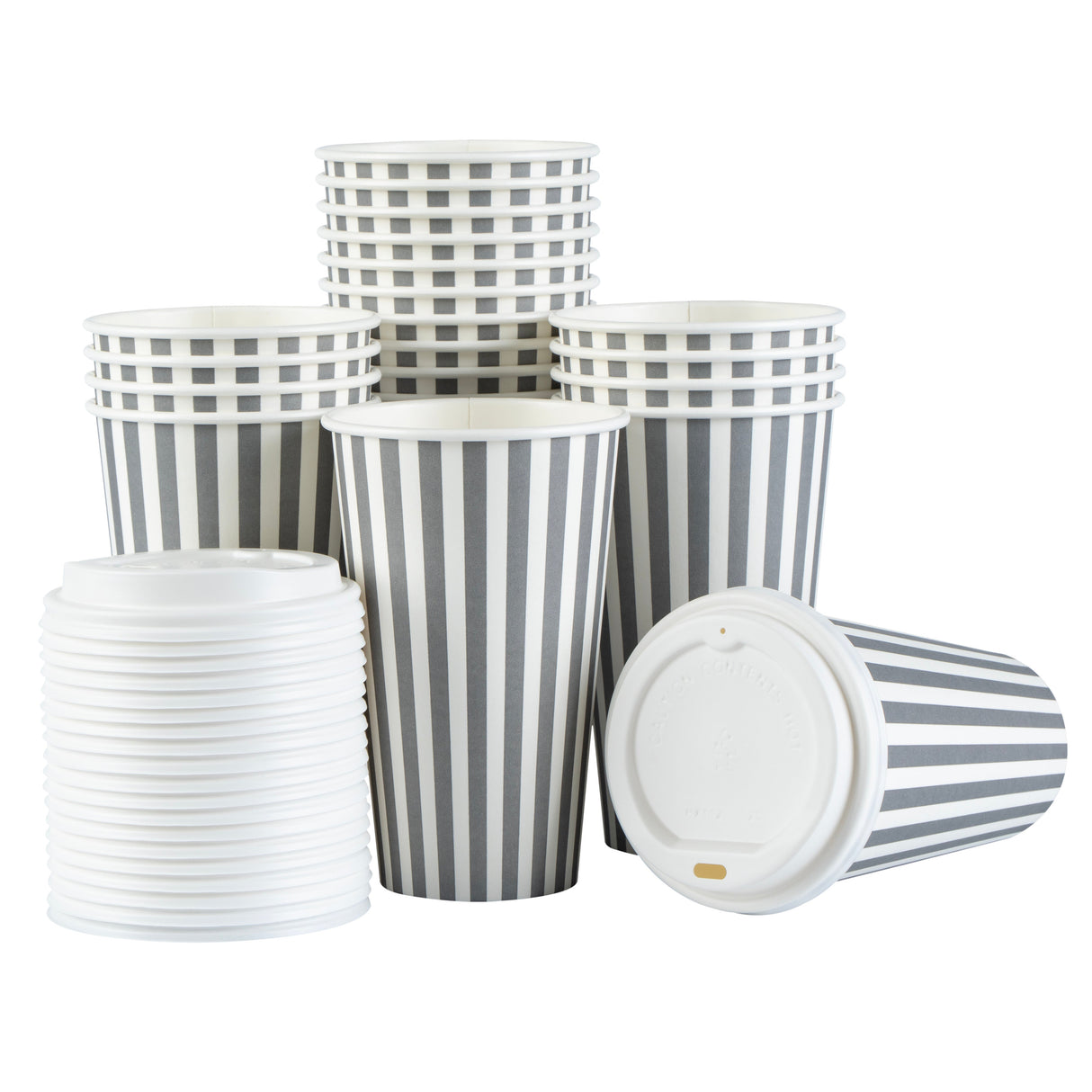 Cups, Hot, Restpresso 16 Ounce, Paper, Gray & White Stripe, Single Wall, 3.50 x 3.50 x 5.75 Inch, with White Lid,20 - 20 COUNT
