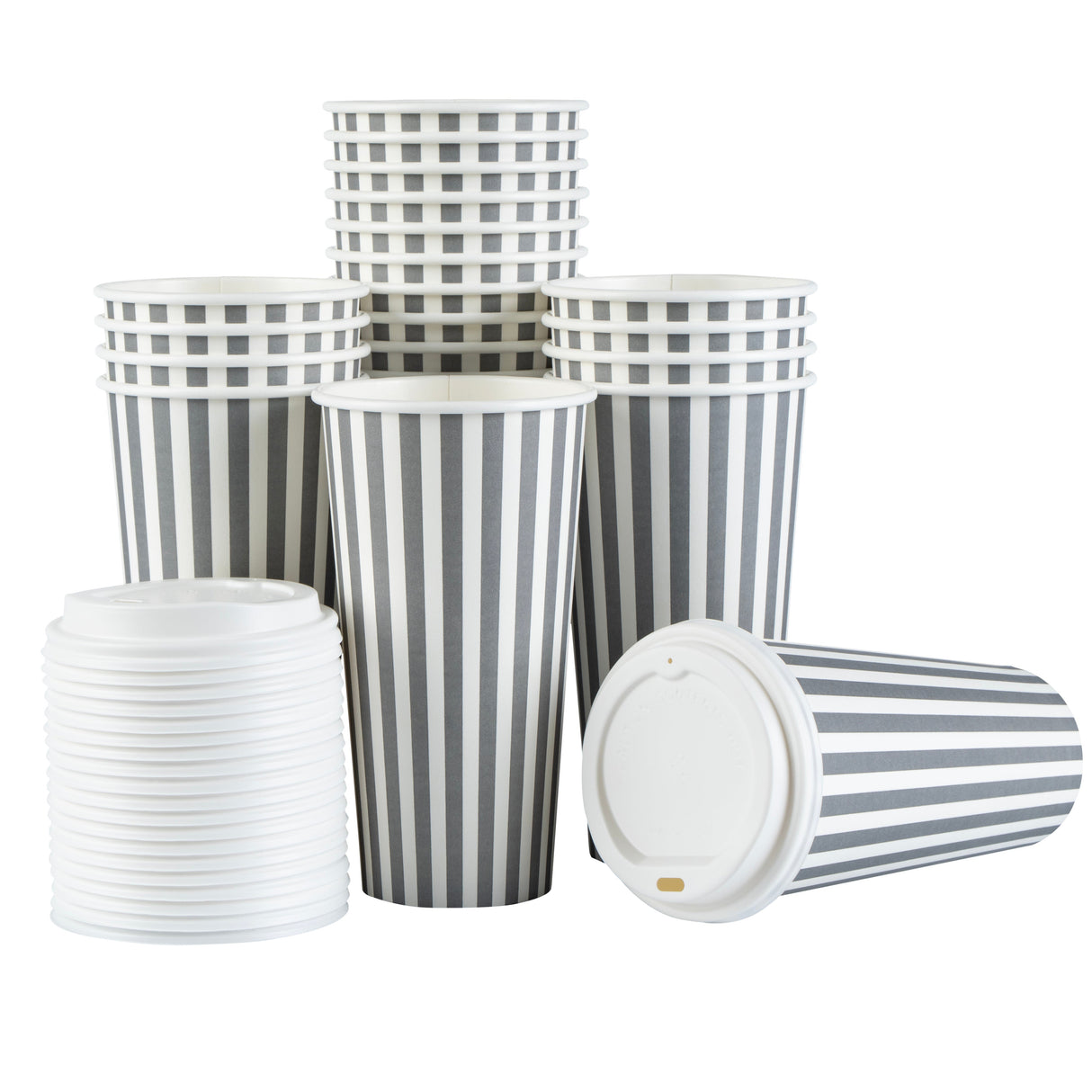 Cups, Hot, Restpresso 20 Ounce, Paper, Gray & White Stripe, Single Wall, 3.50 x 3.50 x 6.50 Inch, with White Lid,20 - 20 COUNT