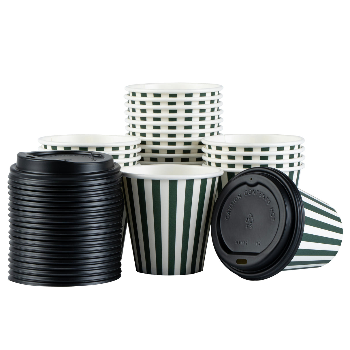 Cups, Hot, Restpresso 8 Ounce, Paper, Forest Green & White Stripe, Single Wall, 3.50 x 3.50 x 3.25 Inch, with Black Lid,20 - 20 COUNT