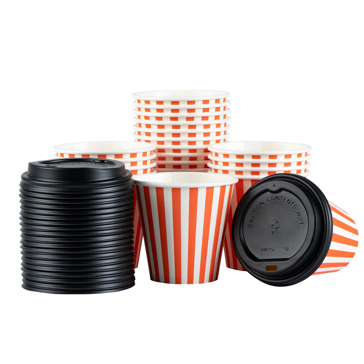 Cups, Hot, Restpresso 8 Ounce, Paper, Orange & White, Single Wall, 3.50 x 3.50 x 3.25 Inch, with Black Lid,20 - 20 COUNT