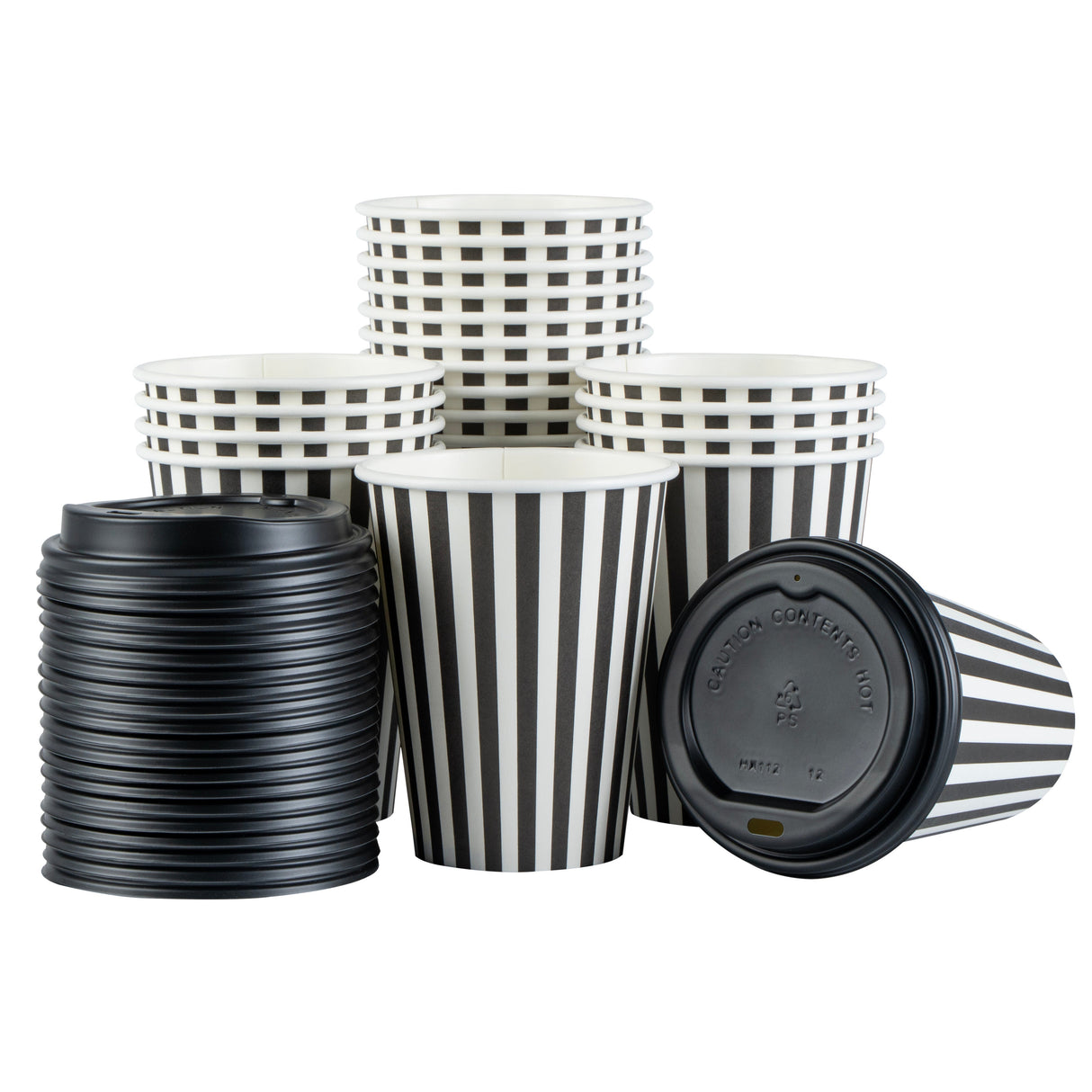 Cups, Hot, Restpresso 12 Ounce, Paper, Black & White Stripe, Single Wall, 3.50 x 3.50 x 4 Inch, with Black Lid,20 - 20 COUNT