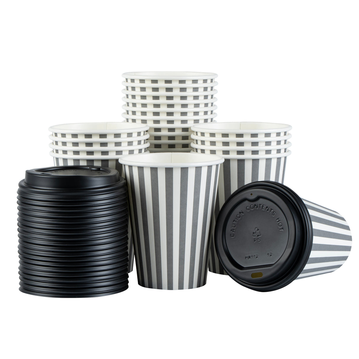 Cups, Hot, Restpresso 12 Ounce, Paper, Gray & White Stripe, Single Wall, 3.50 x 3.50 x 4 Inch, with Black Lid,20 - 20 COUNT