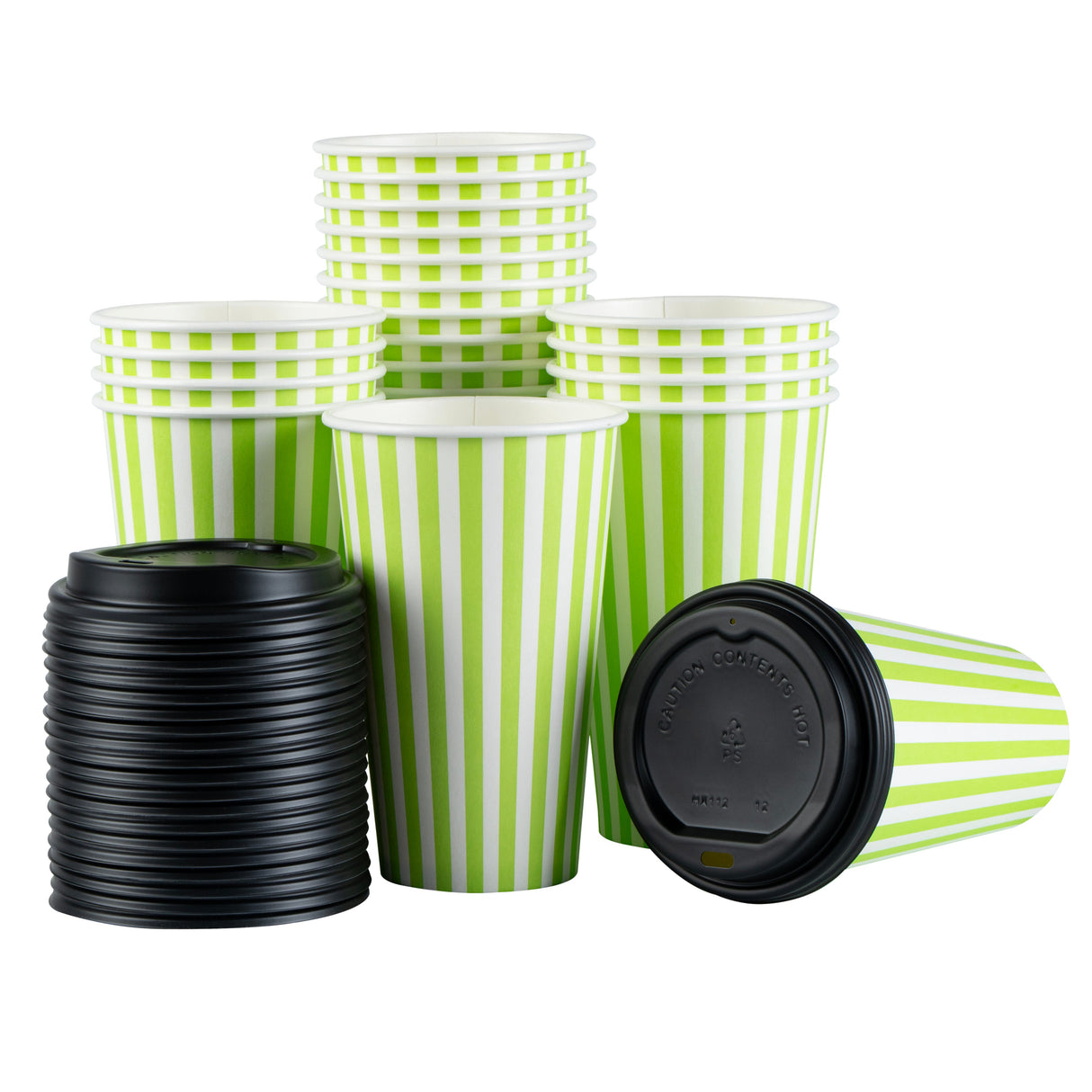 Cups, Hot, Restpresso 16 Ounce, Paper, Green & White Stripe, Single Wall, 3.50 x 3.50 x 5.50 Inch, with Black Lid,20 - 20 COUNT