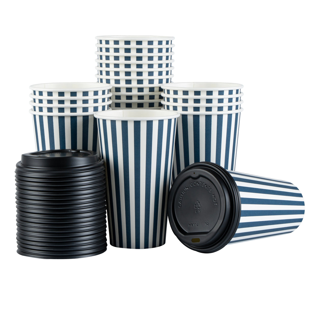 Cups, Hot, Restpresso 16 Ounce, Paper, Blue & White Stripe, Single Wall, 3.50 x 3.50 x 5.50 Inch, with Black Lid,20 - 20 COUNT