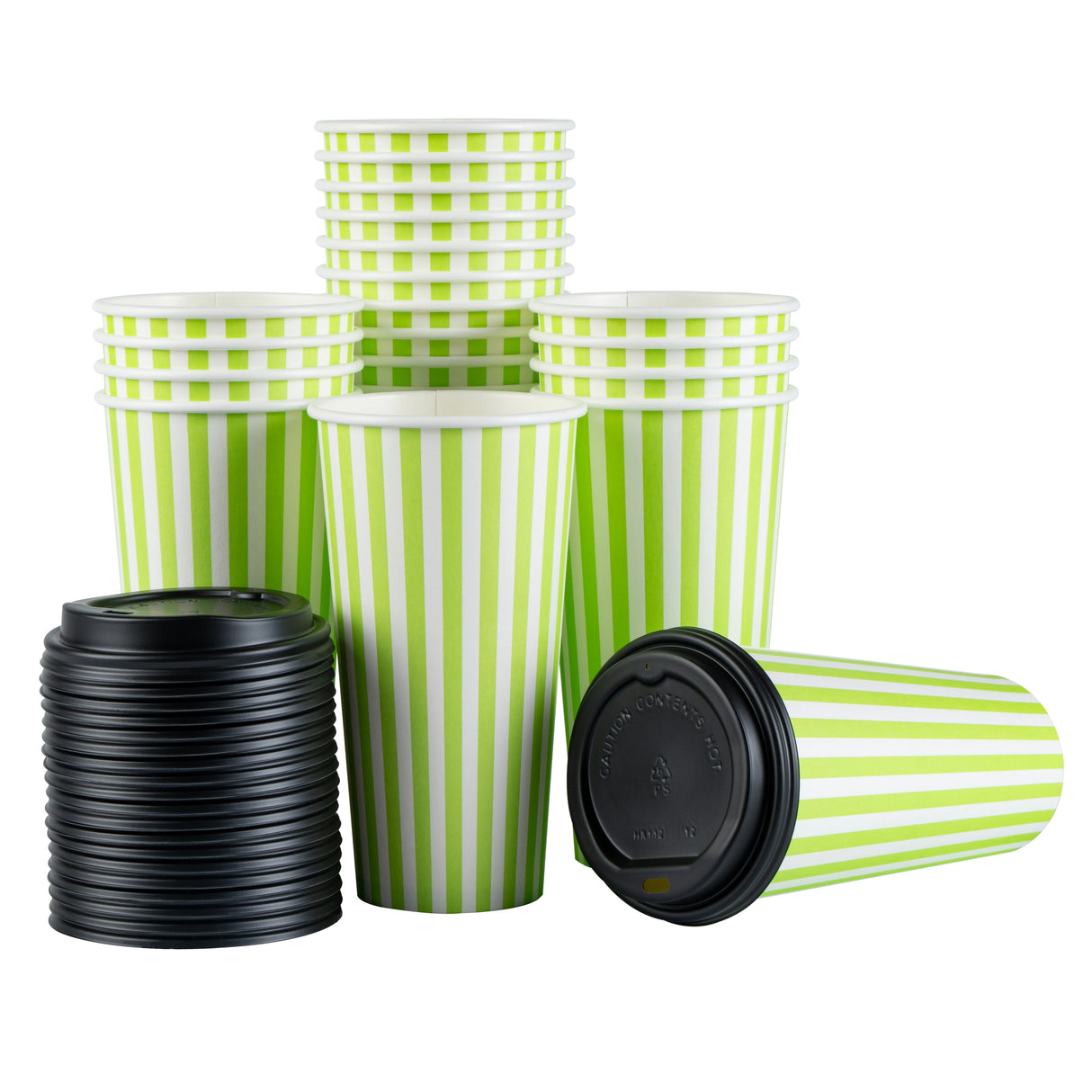 Cups, Hot, Restpresso 20 Ounce, Paper, Green & White Stripe, Single Wall, 3.50 x 3.50 x 6.25 Inch, with Black Lid,20 - 20 COUNT