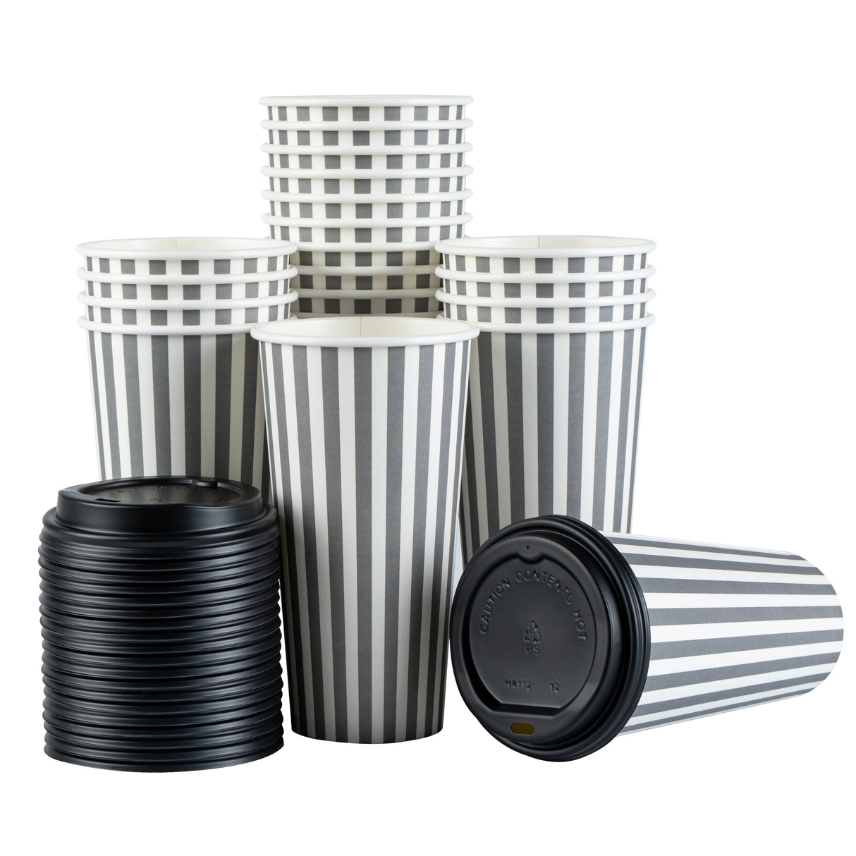 Cups, Hot, Restpresso 20 Ounce, Paper, Gray & White Stripe, Single Wall, 3.50 x 3.50 x 6.25 Inch, with Black Lid,20 - 20 COUNT