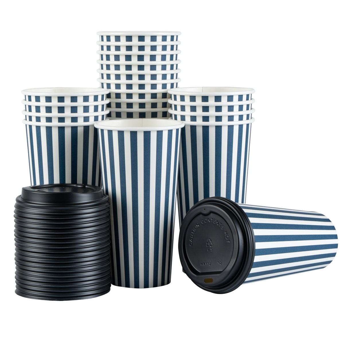 Cups, Hot, Restpresso 20 Ounce, Paper, Blue & White Stripe, Single Wall, 3.50 x 3.50 x 6.25 Inch, with Black Lid,20 - 20 COUNT
