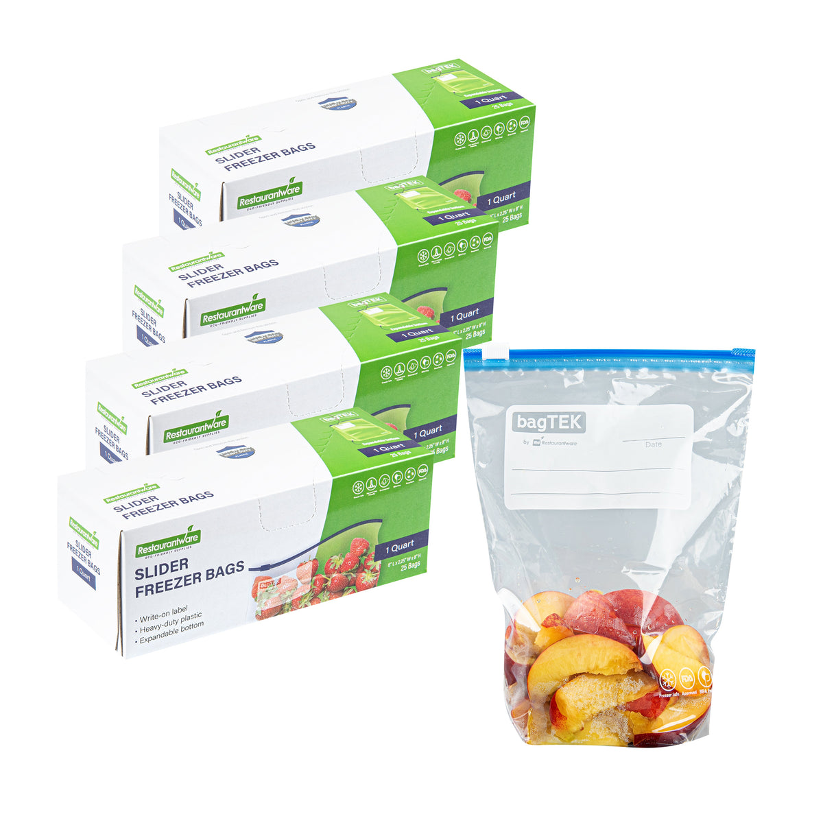 Bags, Freezer, Bag Tek 1 Quart, Plastic, Clear, Slider, with Write-On Label, Expandable Bottom,25 - 1 EACH