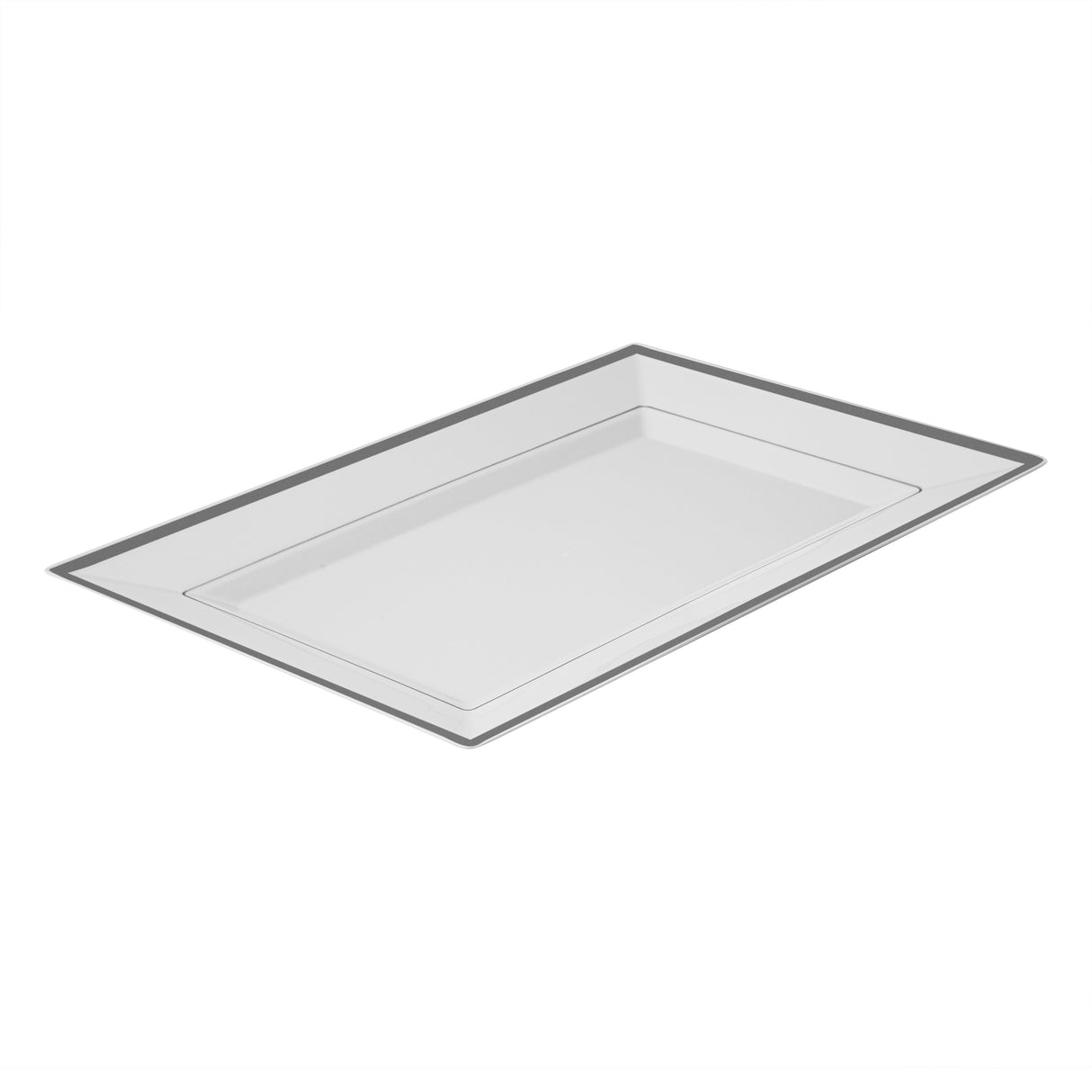 Plates, Moderna 12.75 x 8.25 x 0.75 Inch, Plastic, White, Silver-Rim, Rectangular,10 - 1 EACH