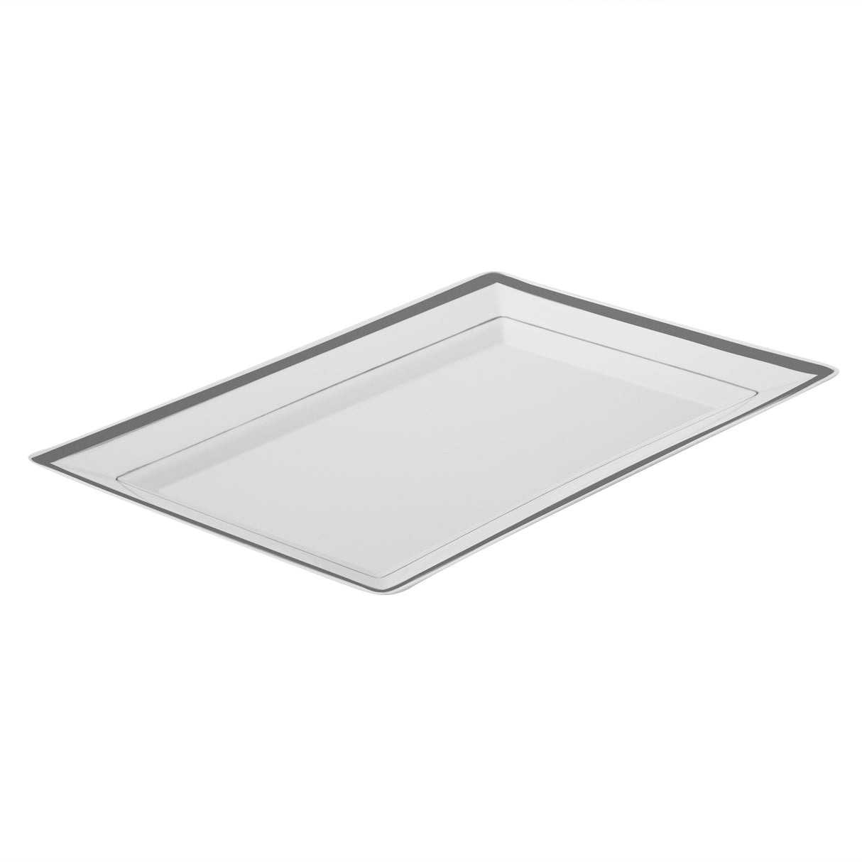 Plates, Moderna 9.50 x 6.25 x 0.50 Inch, Plastic, White, Silver-Rim, Rectangular,10 - 1 EACH