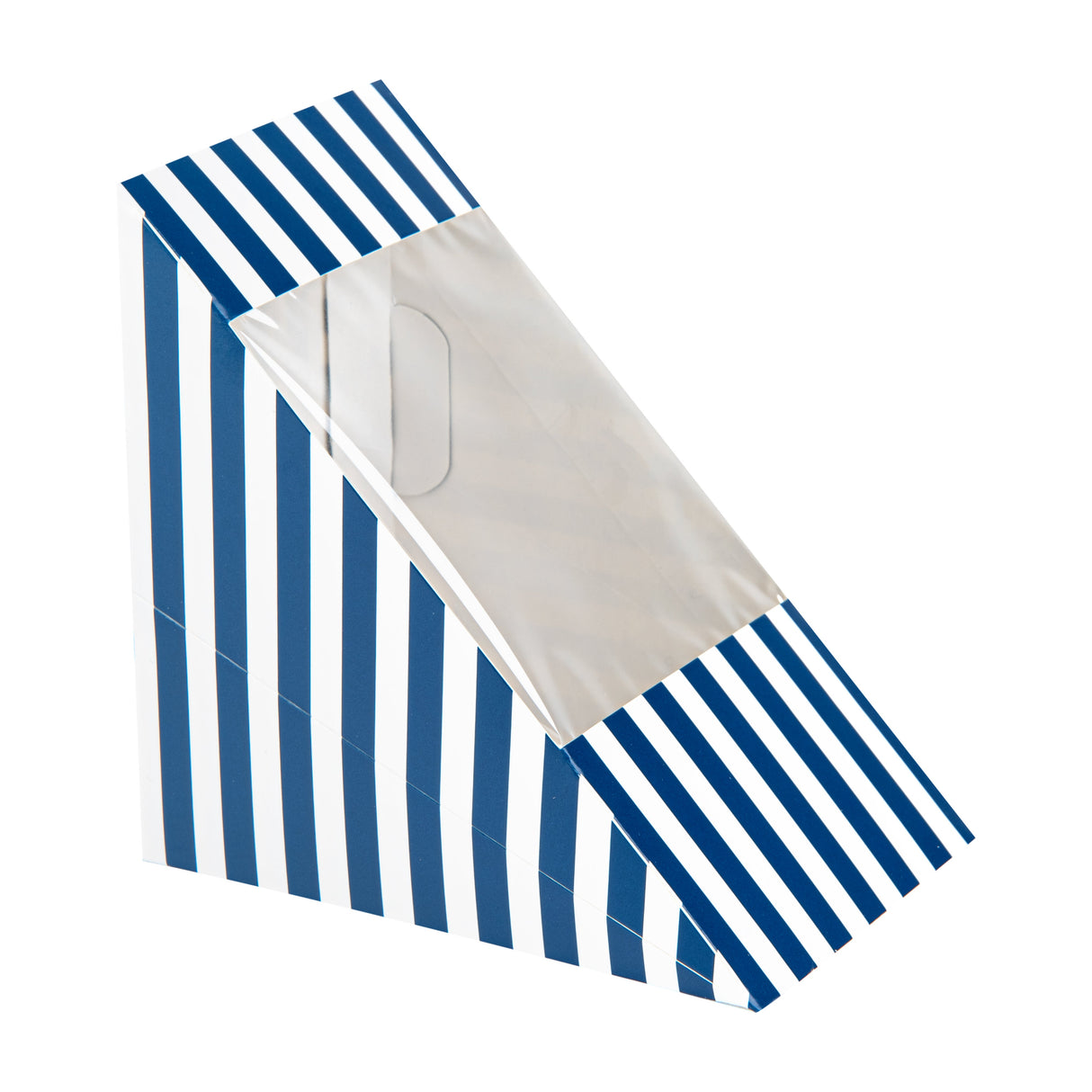 Boxes, Sandwich, Cafe Vision Large, Paper, Blue & White Stripe, 4.75 x 4.75 x 3.25 Inch, Wedge, with Window,8 - 25 COUNT