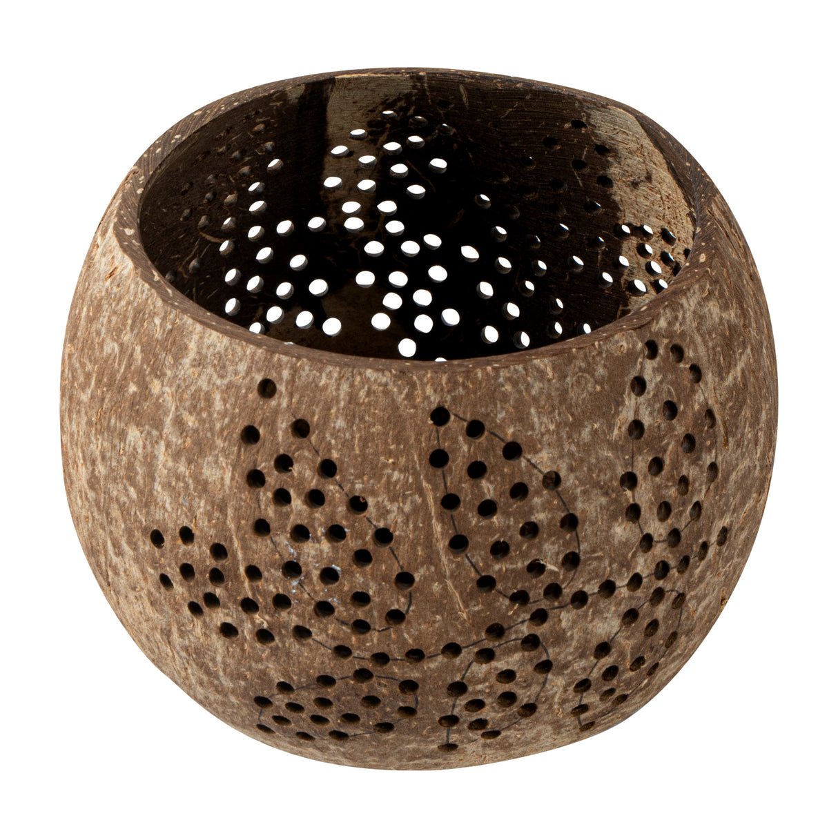 Holders, Candle, Coco Casa, 4 x 4 x 3.25 Inch, Coconut Shell, Brown, Leaf Pattern,10 - 1 EACH