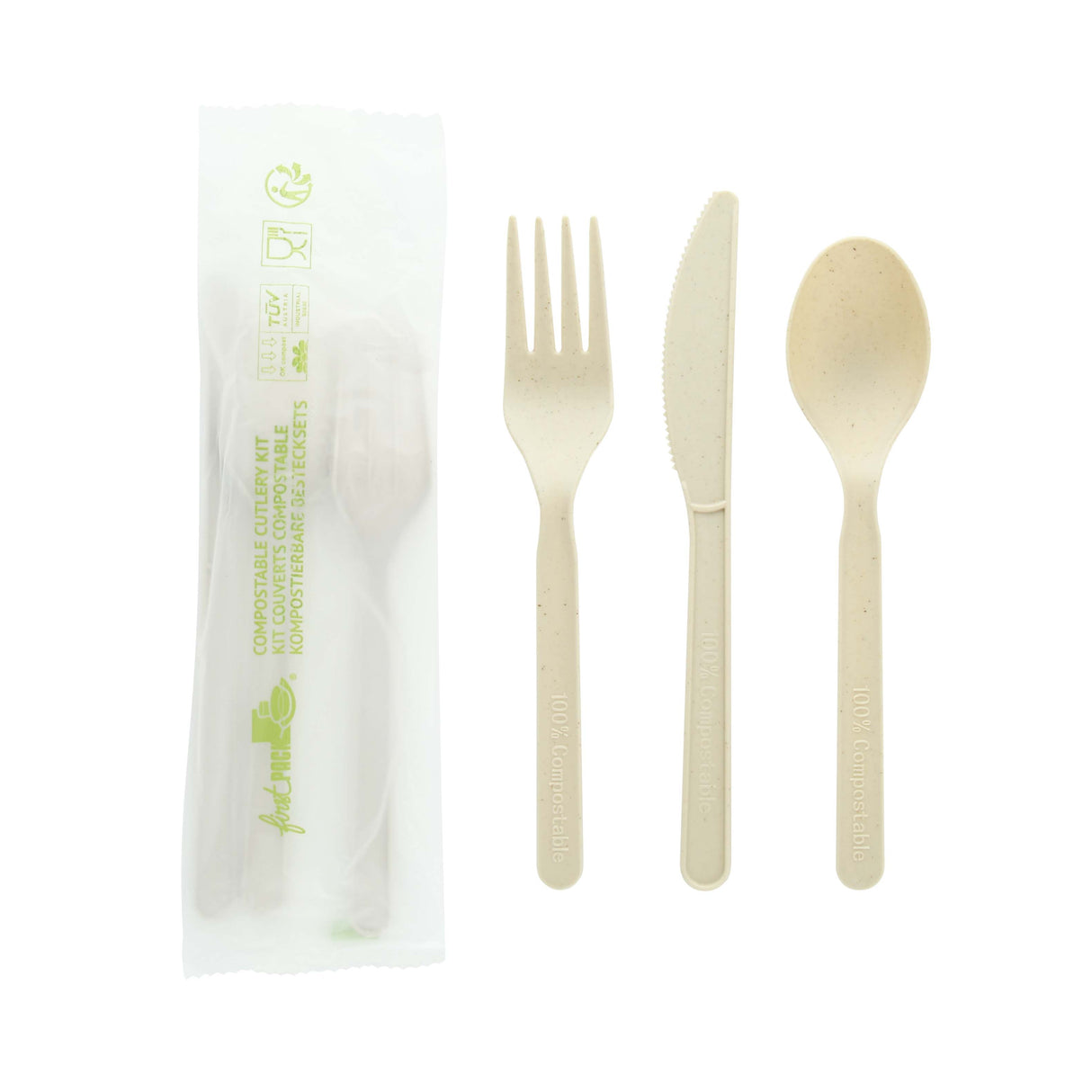 Cutlery Kits, Fork/Spoon/Knife, 3-Piece, Bamboo Fiber, 6 Inch, Individually-Wrapped,500 - 4 PIECE