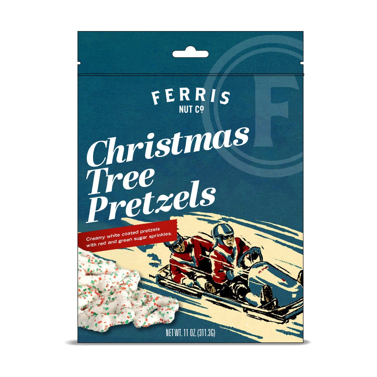 Pretzels, White-Coated, Christmas Tree Shaped, contains Red & Green Sugar Sprinkles, Pouch,12 - 11 OUNCE