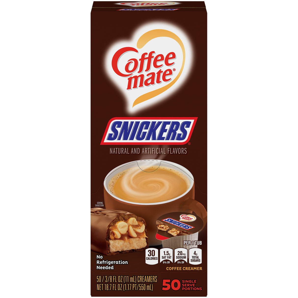 Creamer Cups, Liquid, CoffeeMate Snickers, Non-Dairy, Shelf-Stable, 0.38 Fluid Ounce,4 - 50 COUNT