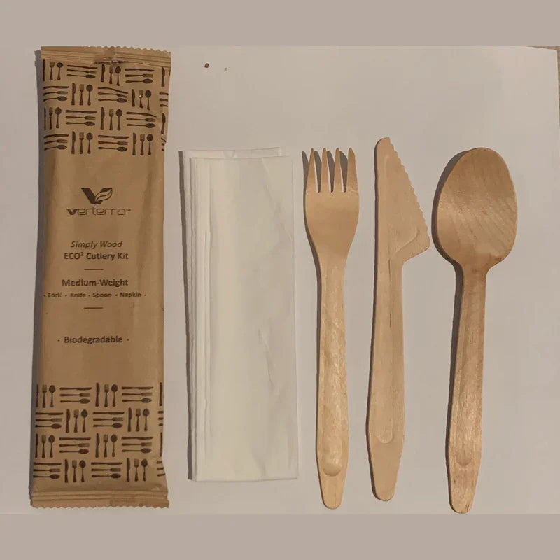 Cutlery Kits, Fork/Knife/Spoon, Medium-Weight Wood, includes Napkin,400 - 4 PIECE