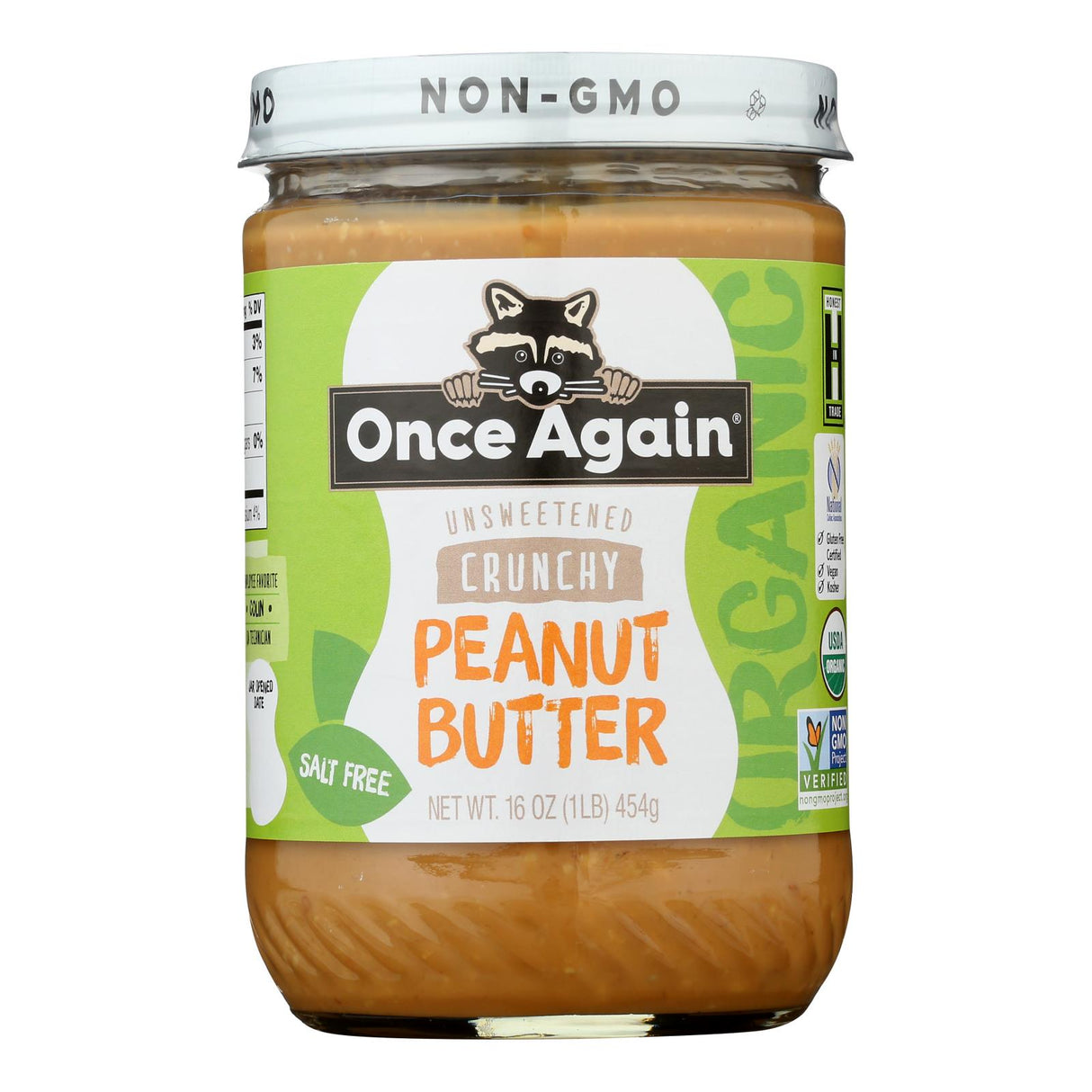 Peanut Butter, Unsweetened, Crunchy, Salt Free, Glass,6 - 16 OUNCE