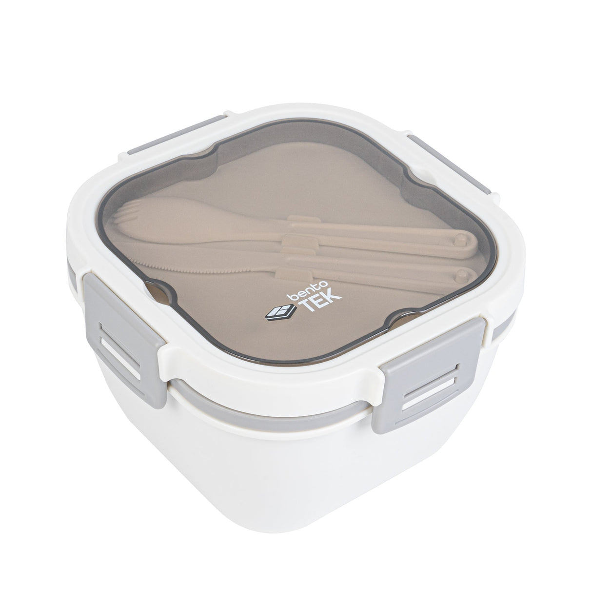 Box, Lunch, Bento Tek 58 Ounce, Microwave-Safe, White & Gray, Includes Fork & Knife, 7.25 x 7.25 x 4.25 Inch,1 - 8 PIECE