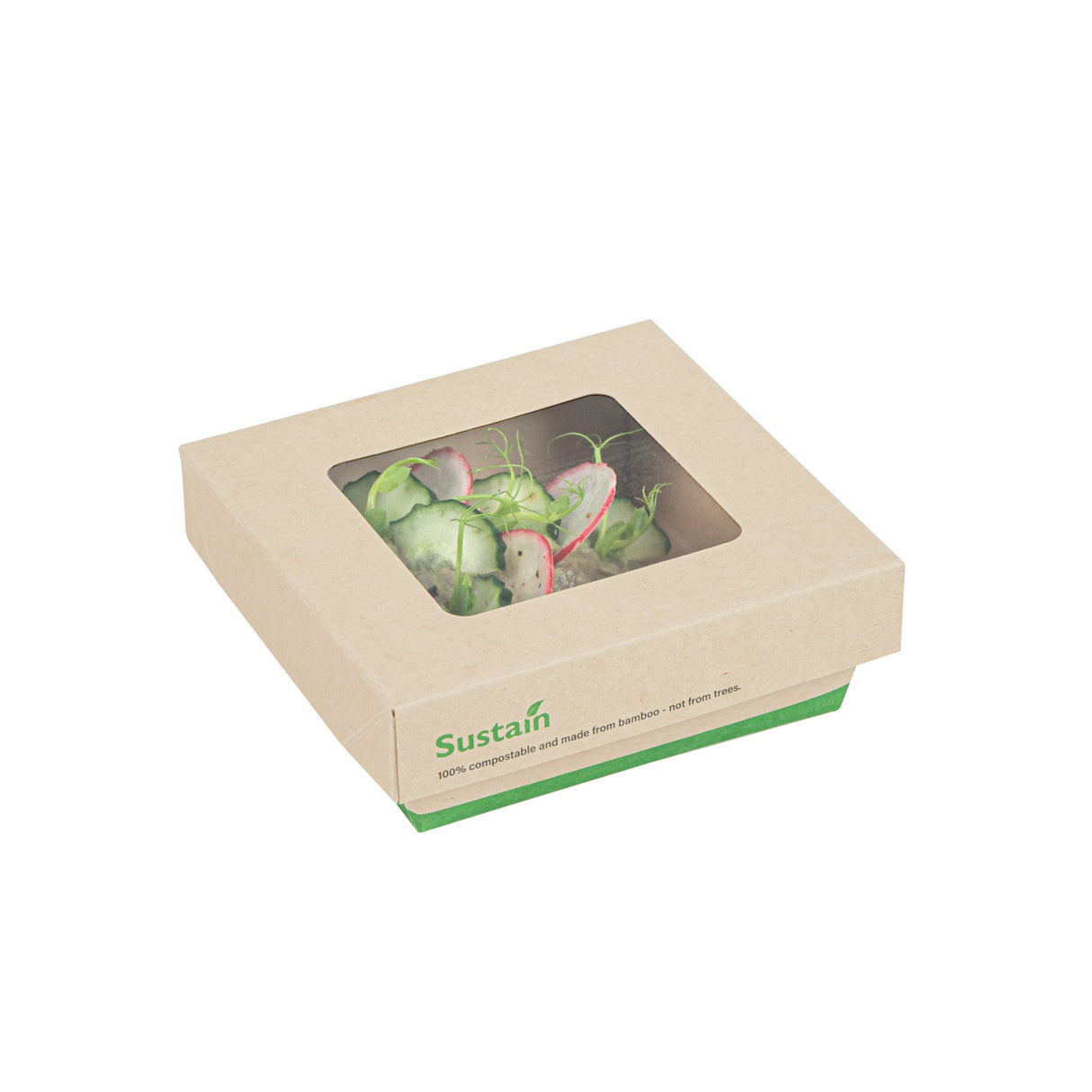 Containers, Take-Out, Sustain 13 Ounce, PLA-Lined Bamboo Paper, 4.50 x 4.50 x 1.50 Inch, Small, with Window,4 - 50 COUNT