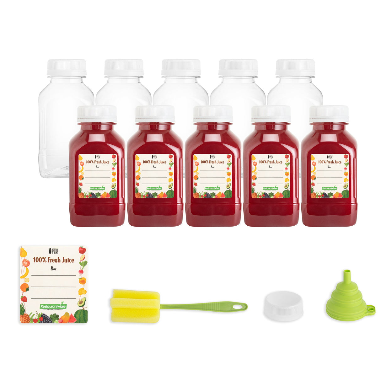 Bottles, Juice, Bottle Tek 8 Ounce, Plastic, Clear, Square, Includes 10 Funnels/10 Cleaning Brush,10 - 1 EACH