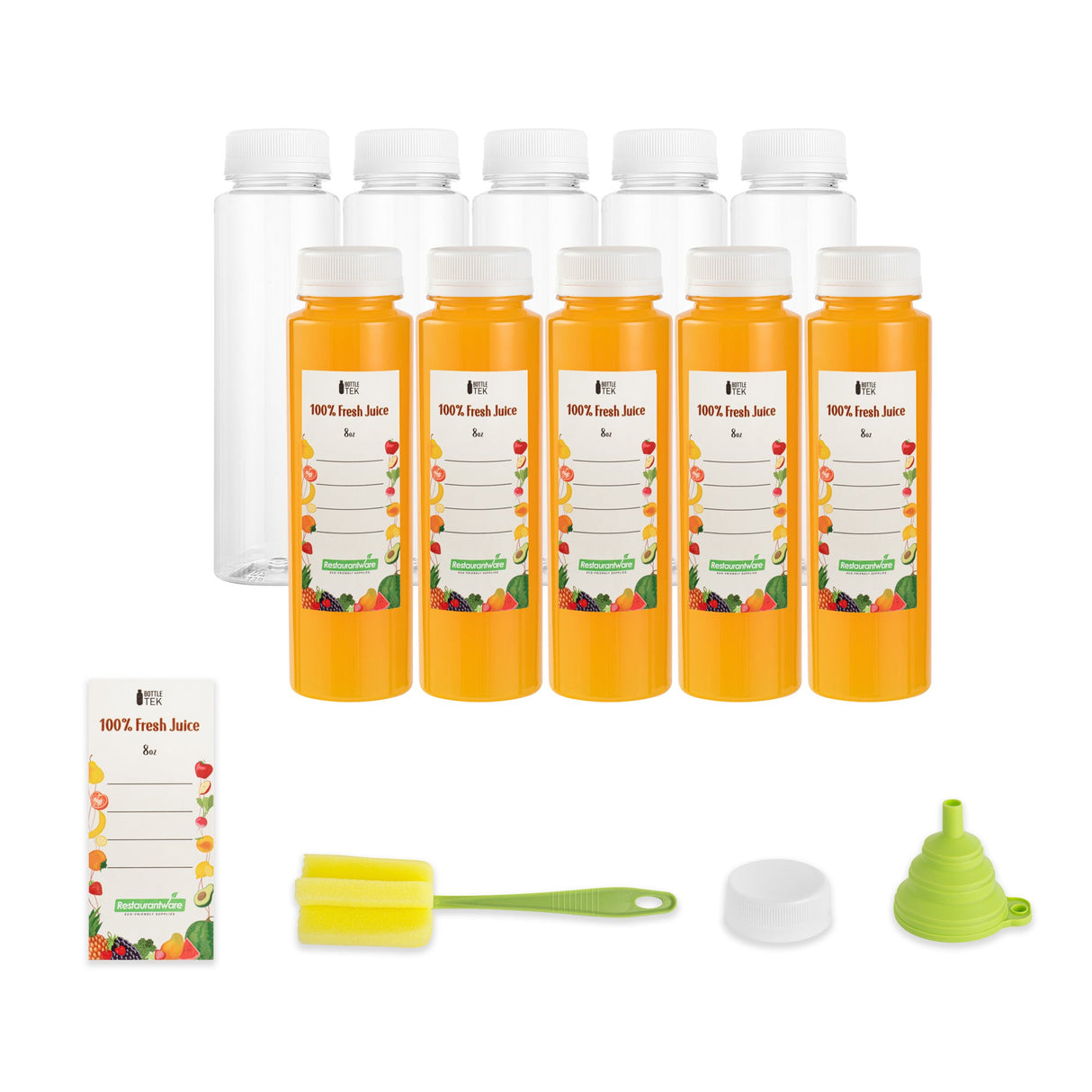 Bottles, Juice, Bottle Tek 8 Ounce, Plastic, Clear, Round, Includes 10 Funnels/10 Cleaning Brush,10 - 1 EACH