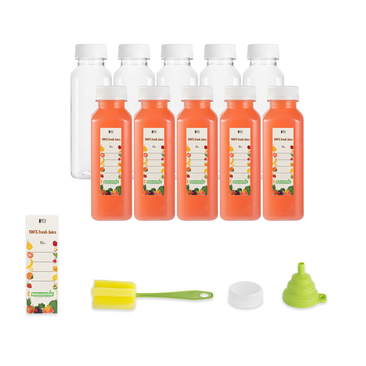Bottles, Juice, Bottle Tek 12 Ounce, Plastic, Clear, Square, Includes 10 Funnels/10 Cleaning Brush,10 - 1 EACH