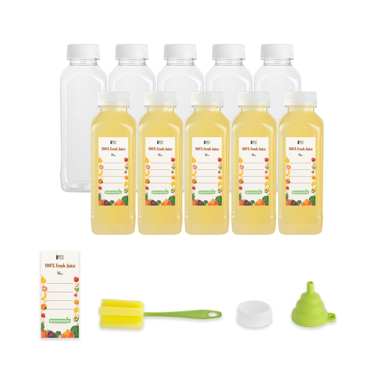 Bottles, Juice, Bottle Tek 16 Ounce, Plastic, Clear, Square, Includes Funnel/Cleaning Brush/10 Lab,1 - 12 PIECE