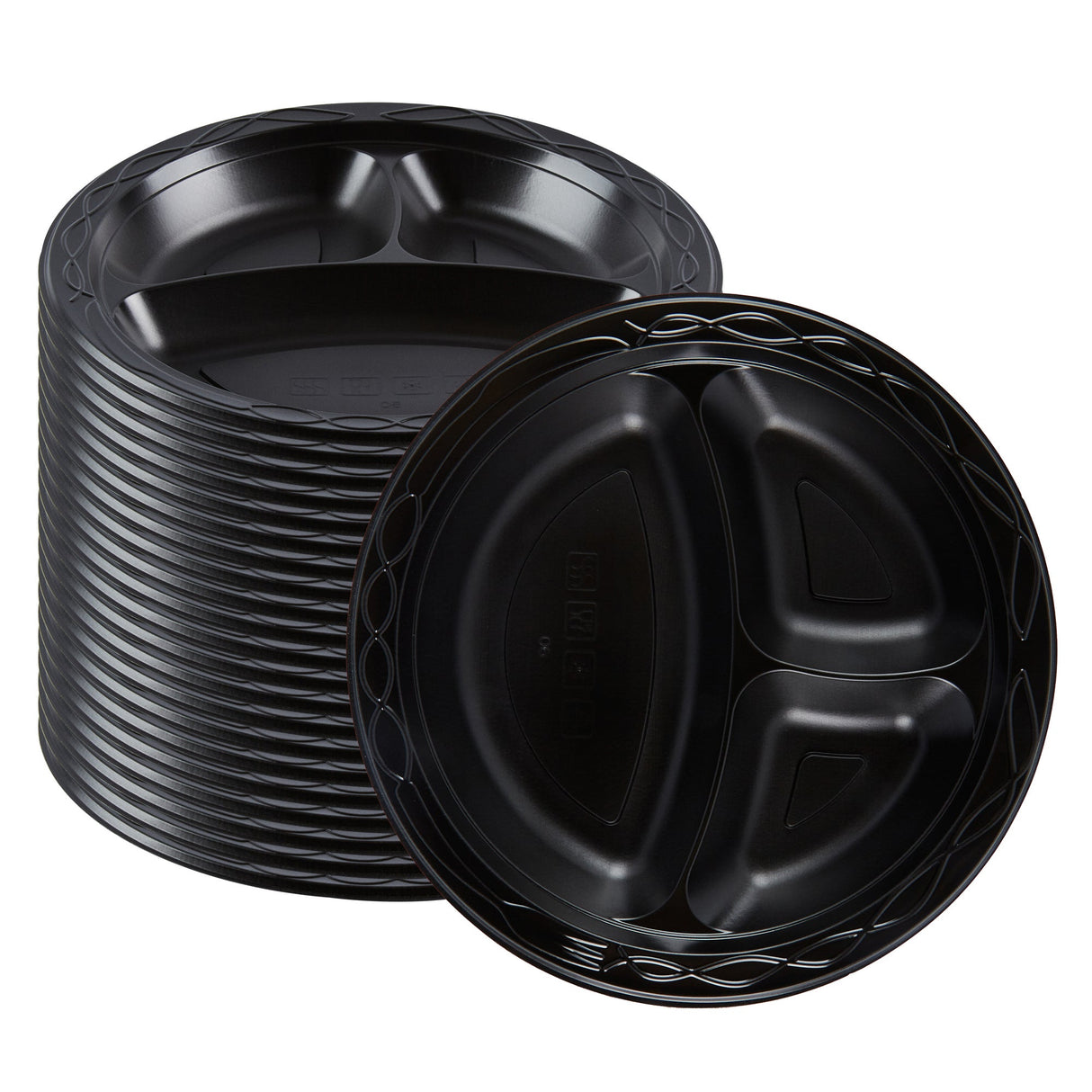 Plates, 3-Compartment, RW Base 9 x 9 x 0.75 Inch, Microwavable Plastic, Black, Round,2 - 50 COUNT