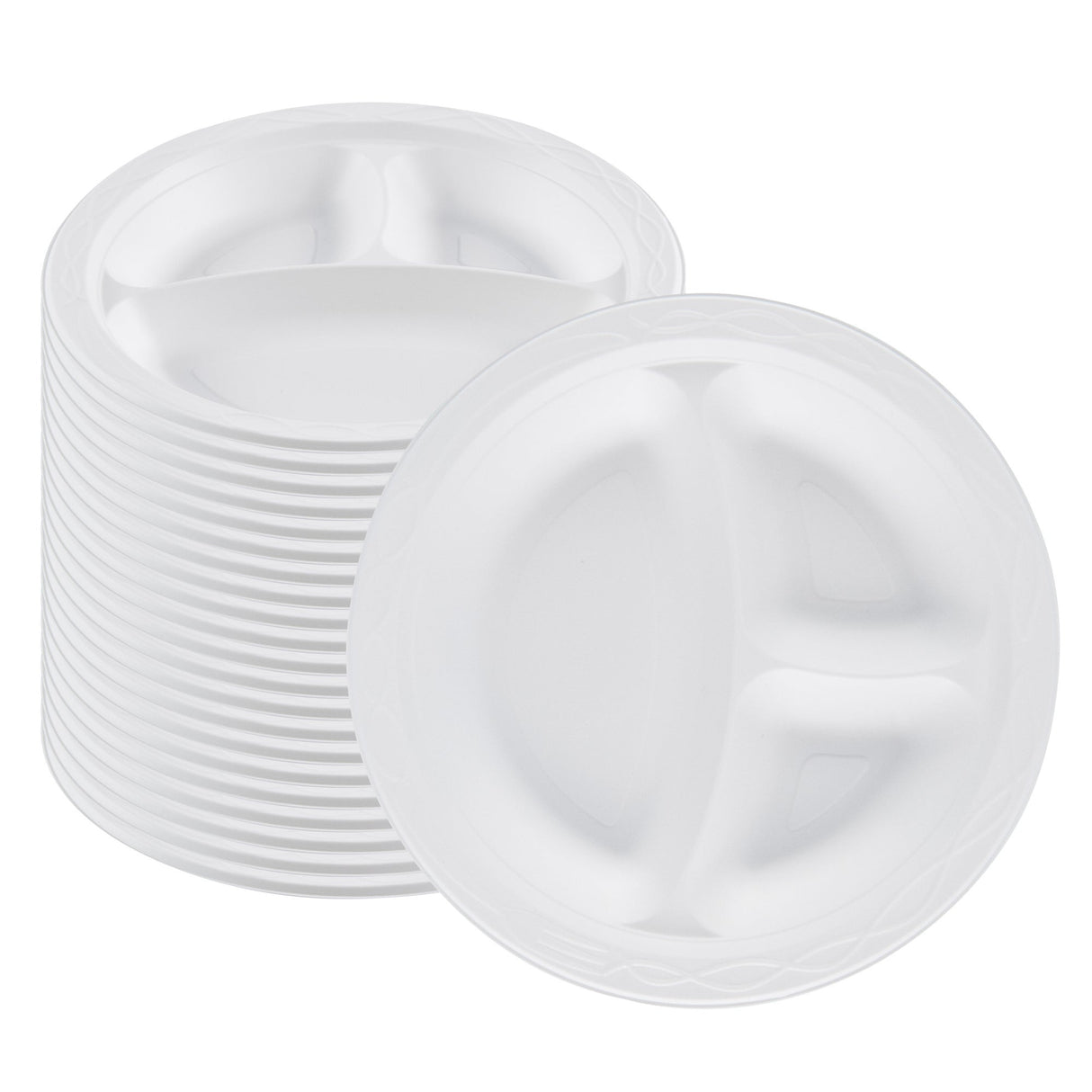Plates, 3-Compartment, RW Base 9 x 9 x 0.75 Inch, Microwavable Plastic, White, Round,50 - 1 EACH