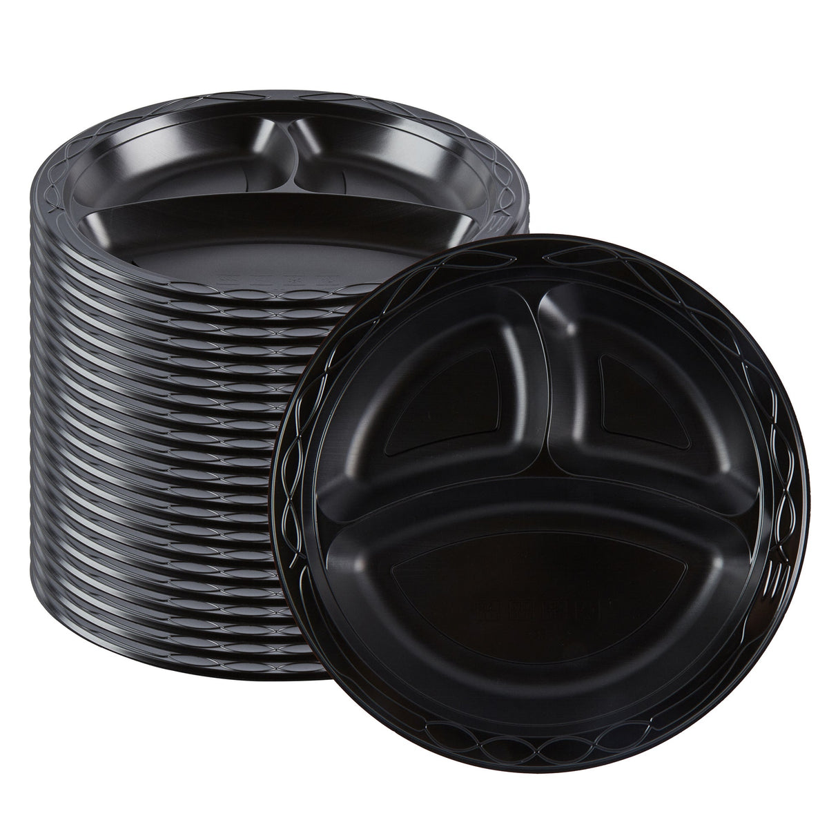 Plates, 3-Compartment, RW Base 10.25 x 10.25 x 0.75 Inch, Microwavable Plastic, Black, Round,2 - 50 COUNT