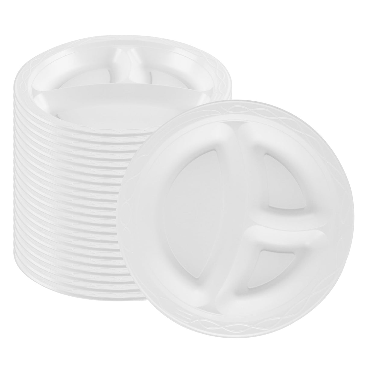 Plates, 3-Compartment, RW Base 10.25 x 10.25 x 0.75 Inch, Microwavable Plastic, White, Round,50 - 1 EACH