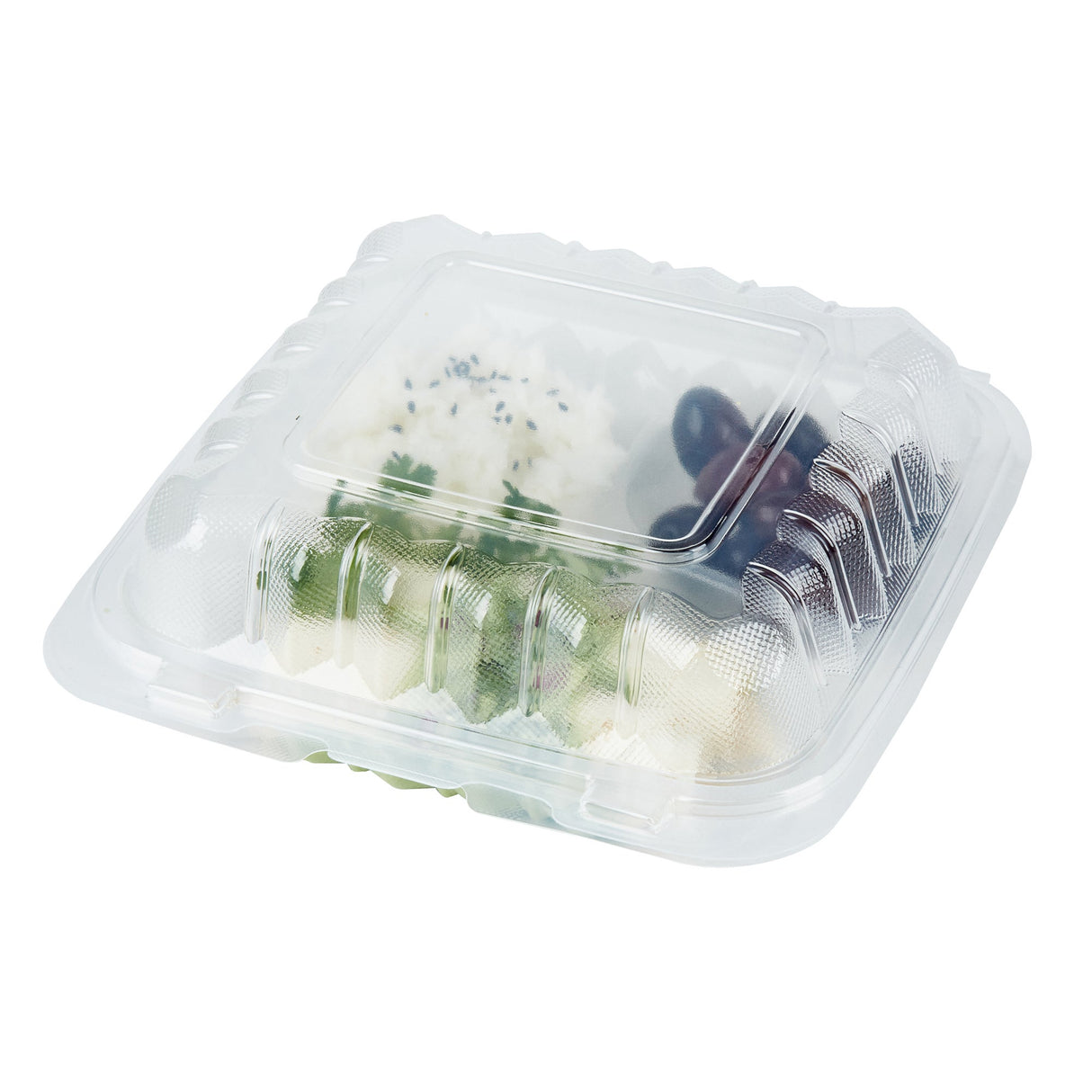 Containers, 3-Compartment, RW Base 30 Ounce, Microwavable Plastic, Clear, 7.50 x 7.50 x 2.75, Clamshell, Square,50 - 1 EACH