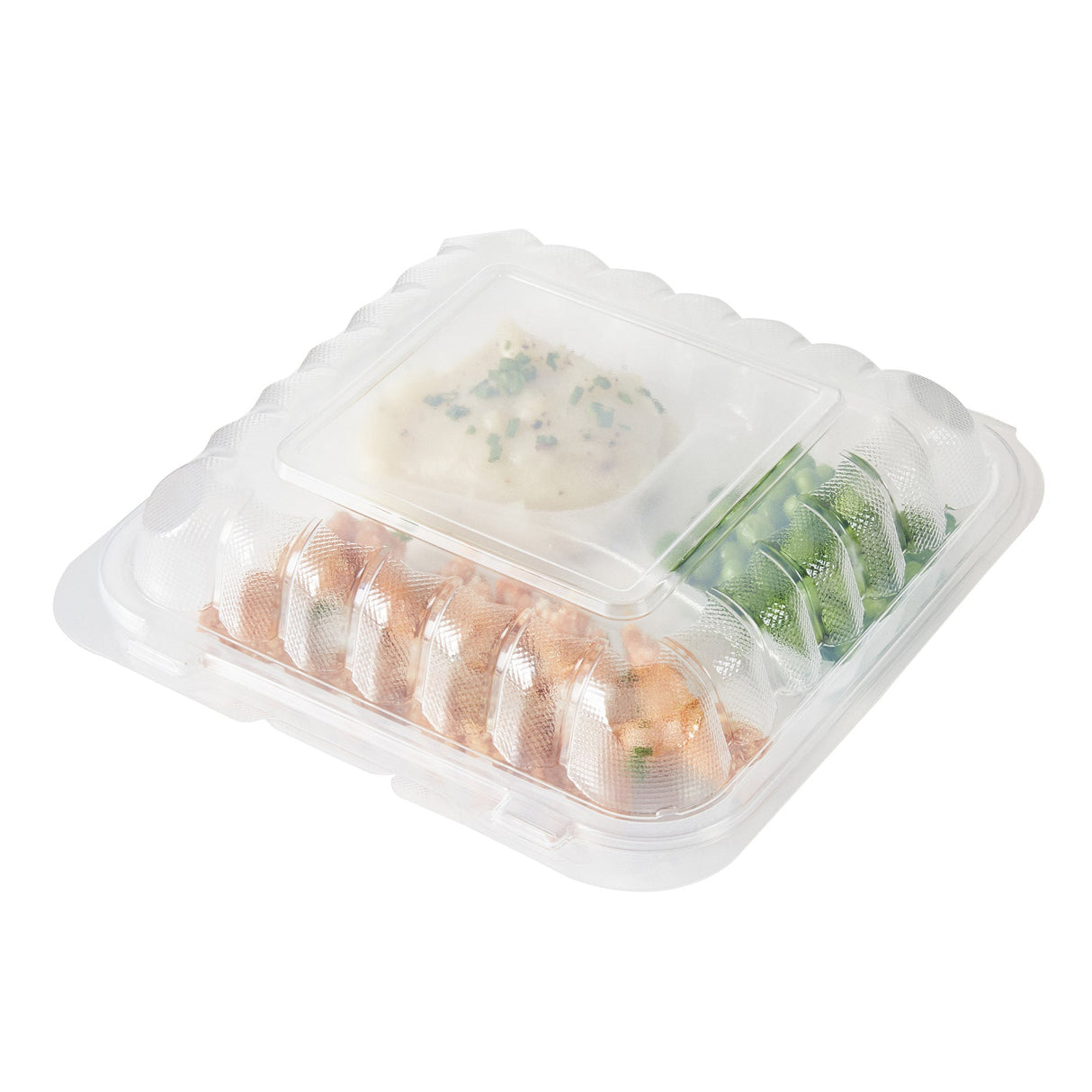 Containers, 3-Compartment, RW Base 34 Ounce, Microwavable Plastic, Clear, 8 x 8 x 3 Inch, Clamshell, Square,50 - 1 EACH