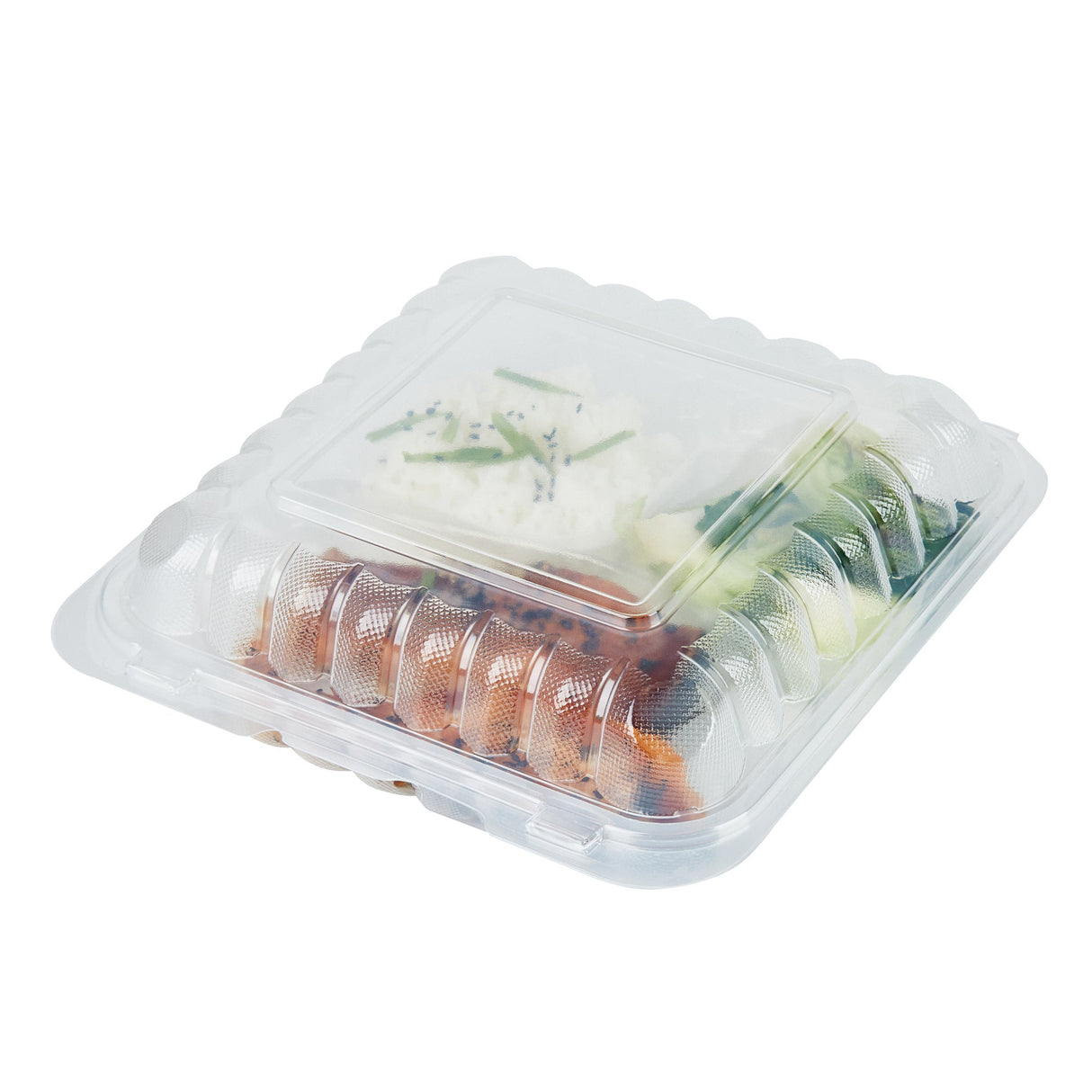 Containers, 3-Compartment, RW Base 40 Ounce, Microwavable Plastic, Clear, 9 x 9 x 3 Inch, Clamshell, Square,2 - 50 COUNT