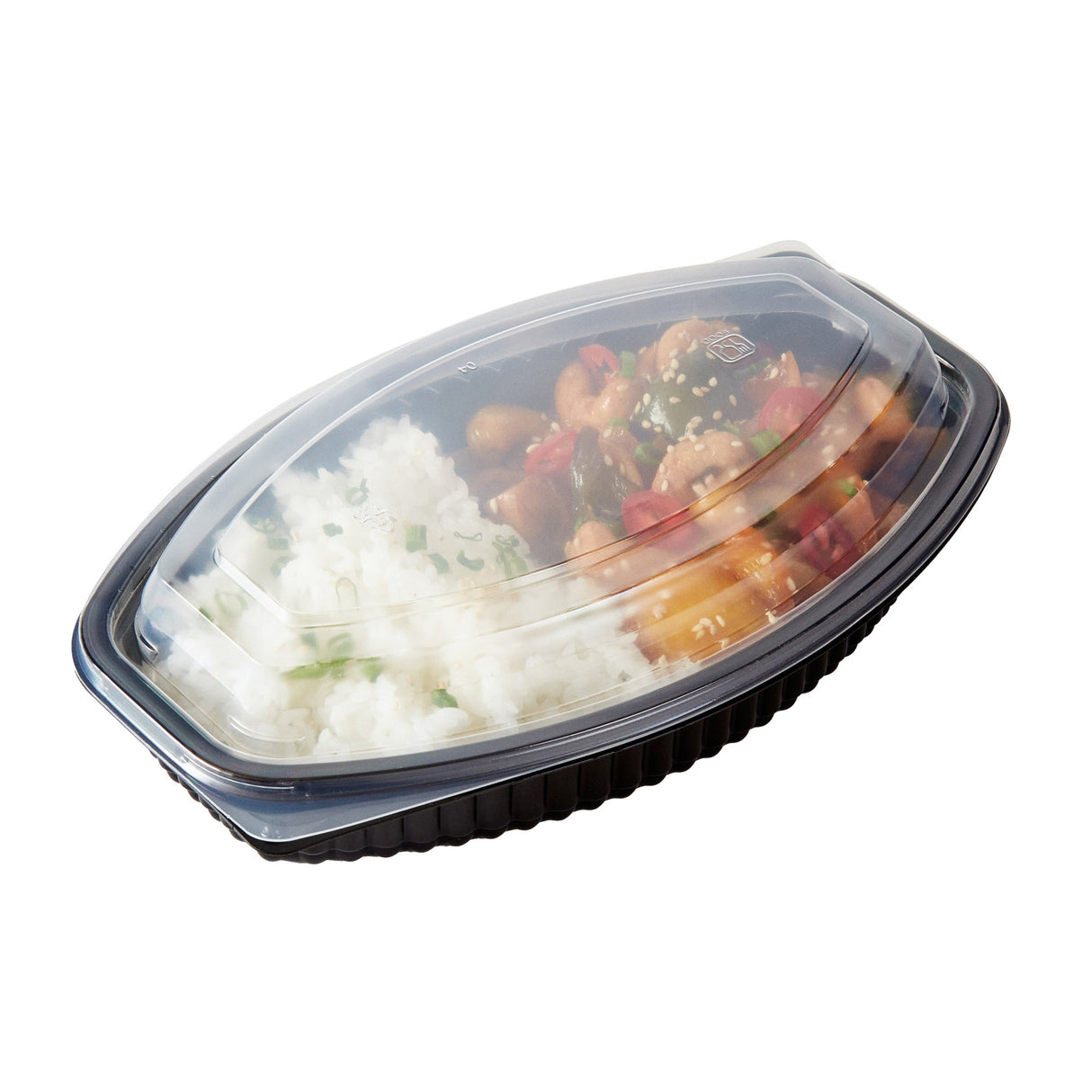 Containers, Food, RW Base 21 Ounce, Microwavable Plastic, Black, 9.25 x 5.75 x 2.25 Inch, Oval, Includes Clear Lid,50 - 1 EACH