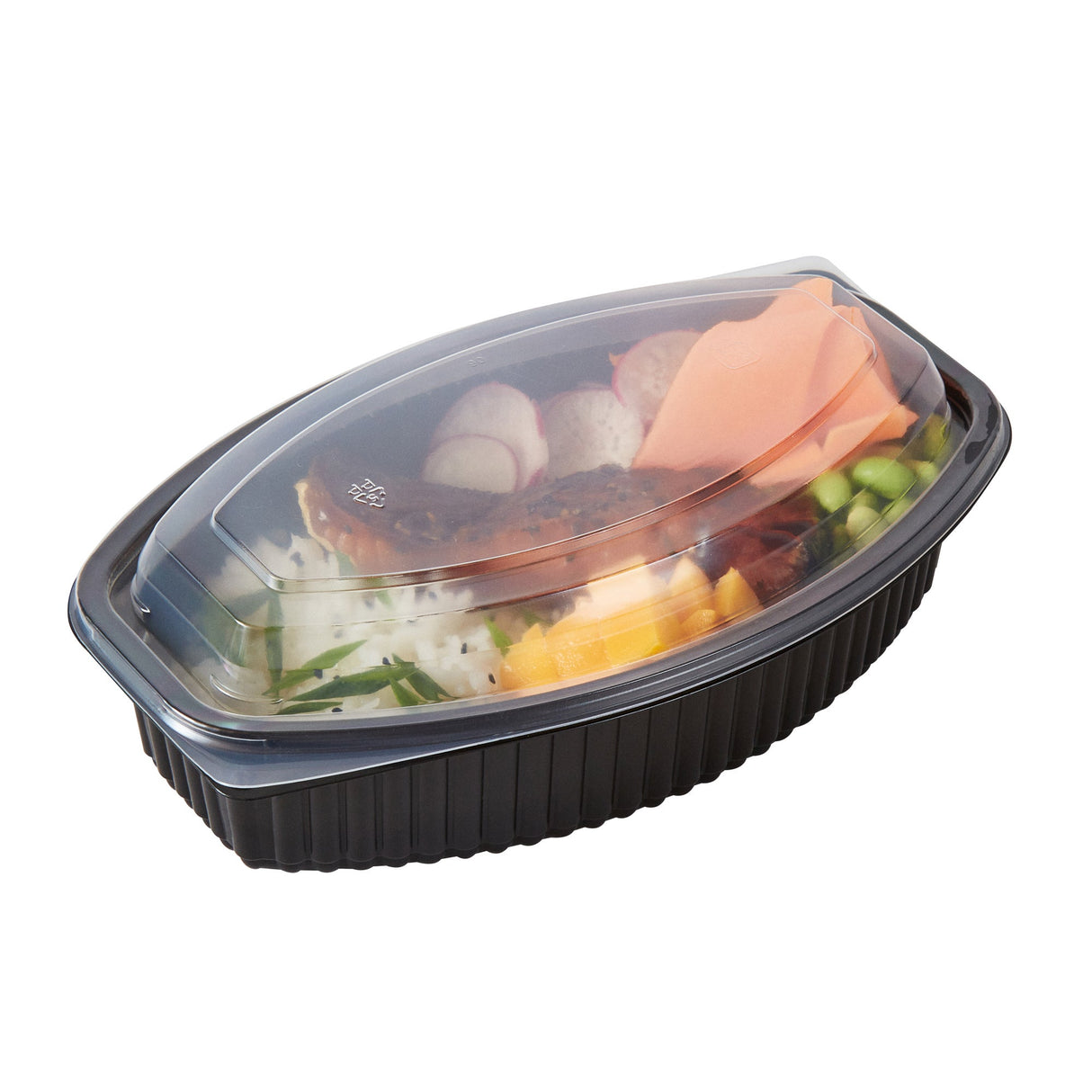 Containers, Food, RW Base 32 Ounce, Microwavable Plastic, Black, 9.25 x 5.75 x 3 Inch, Oval, Includes Clear Lid,50 - 1 EACH