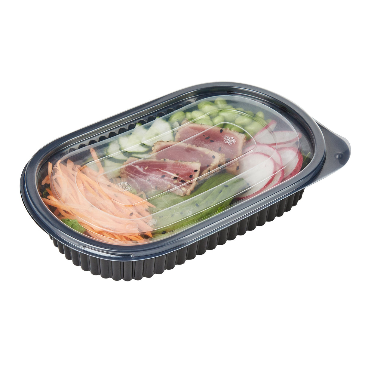 Containers, Food, RW Base 25 Ounce, Microwavable Plastic, Black, 9.25 x 6 x 1.75 Inch, Oval, Includes Clear Flat Lid,50 - 1 EACH