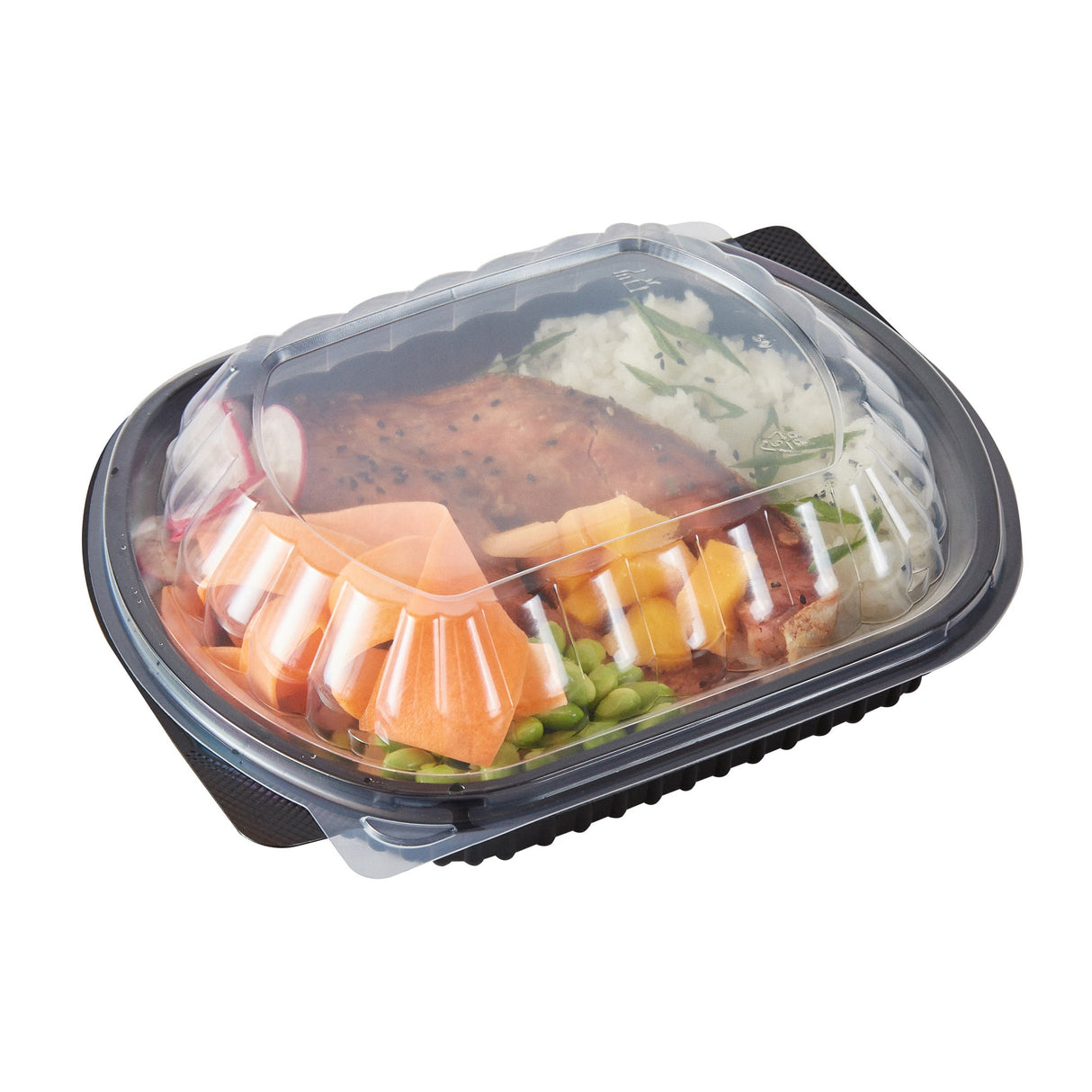 Containers, Food, RW Base 34 Ounce, Microwavable Plastic, Black, 9.50 x 8 x 2.75 Inch, Oval, Includes Clear Lid,50 - 1 EACH