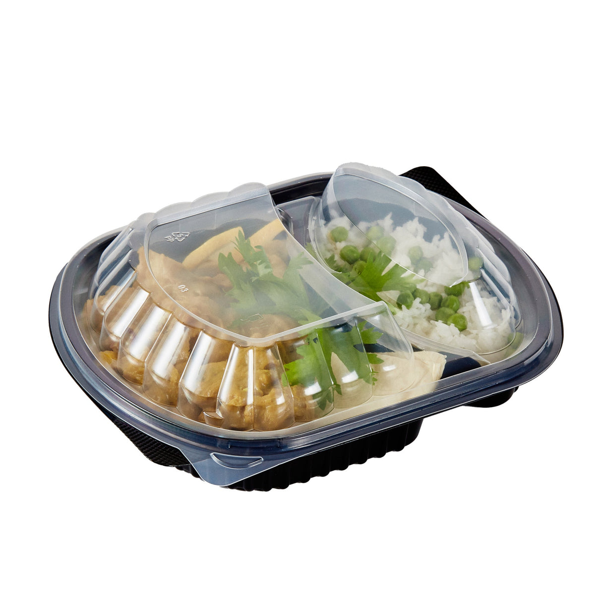 Containers, 2-Compartment, RW Base 28 Ounce, Microwavable Plastic, Black, 9.50 x 8 x 2.75 Inch, Oval, Includes Clear Lid,50 - 1 EACH