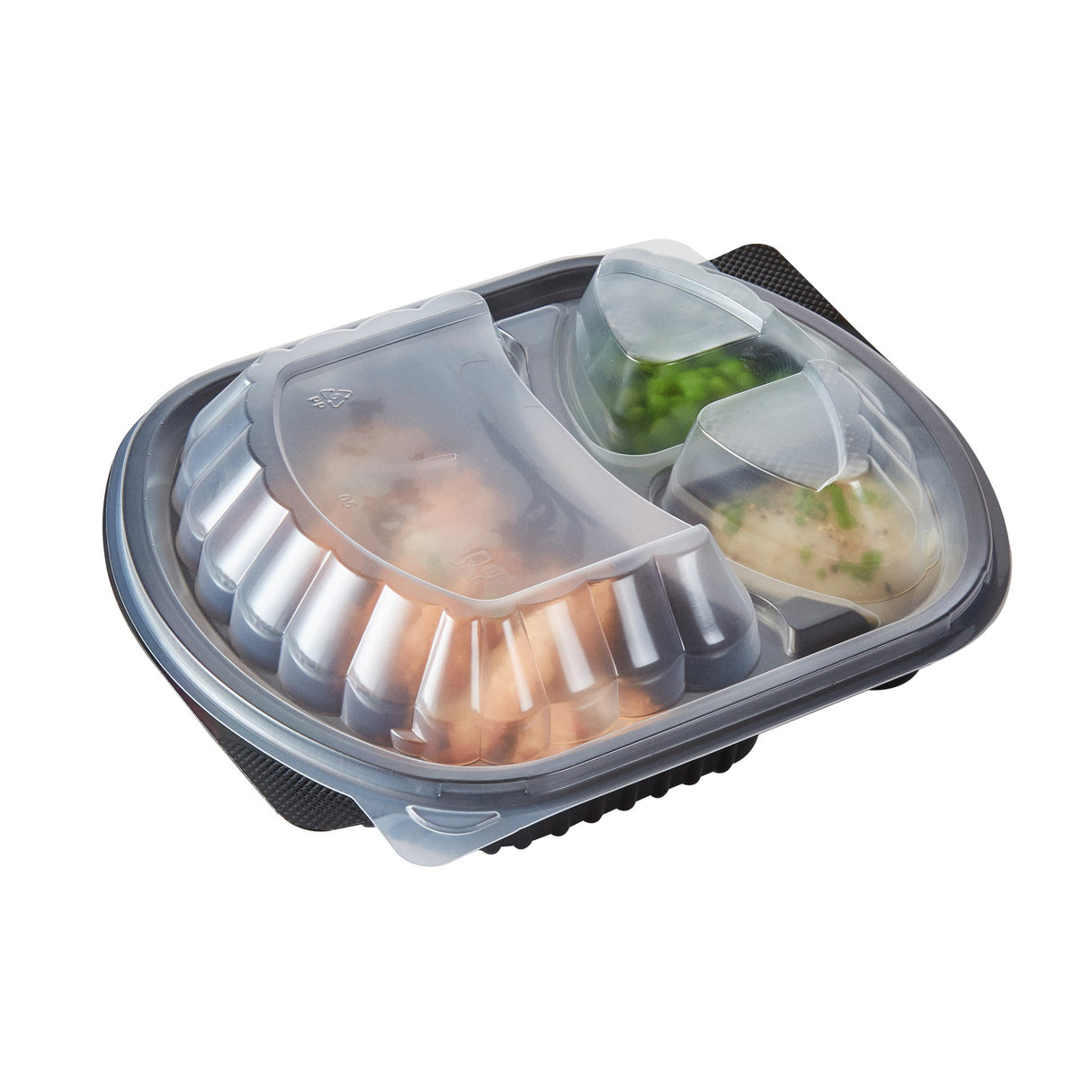 Containers, 3-Compartment, RW Base 27 Ounce, Microwavable Plastic, Black, 9.50 x 8 x 2.75 Inch, Oval, Includes Clear Lid,2 - 50 COUNT