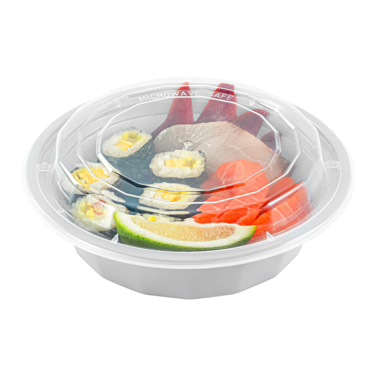 Boxes, To-Go, Asporto 16 Ounce, Microwavable Plastic, Silver, 6.25 x 6.25 x 1.75 Inch, Includes Clear Plastic Lid, Round,2 - 50 COUNT