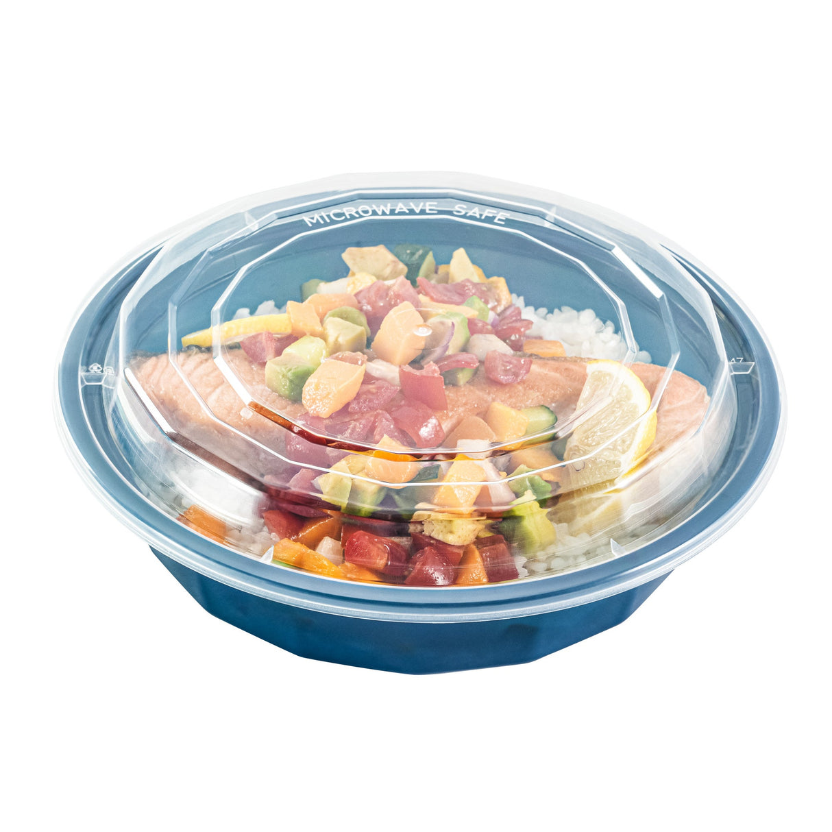 Boxes, To-Go, Asporto 24 Ounce, Microwavable Plastic, Midnight Blue, 7.25 x 7.25 x 1.50 Inch, Includes Clear Plastic Lid, Round,2 - 50 COUNT