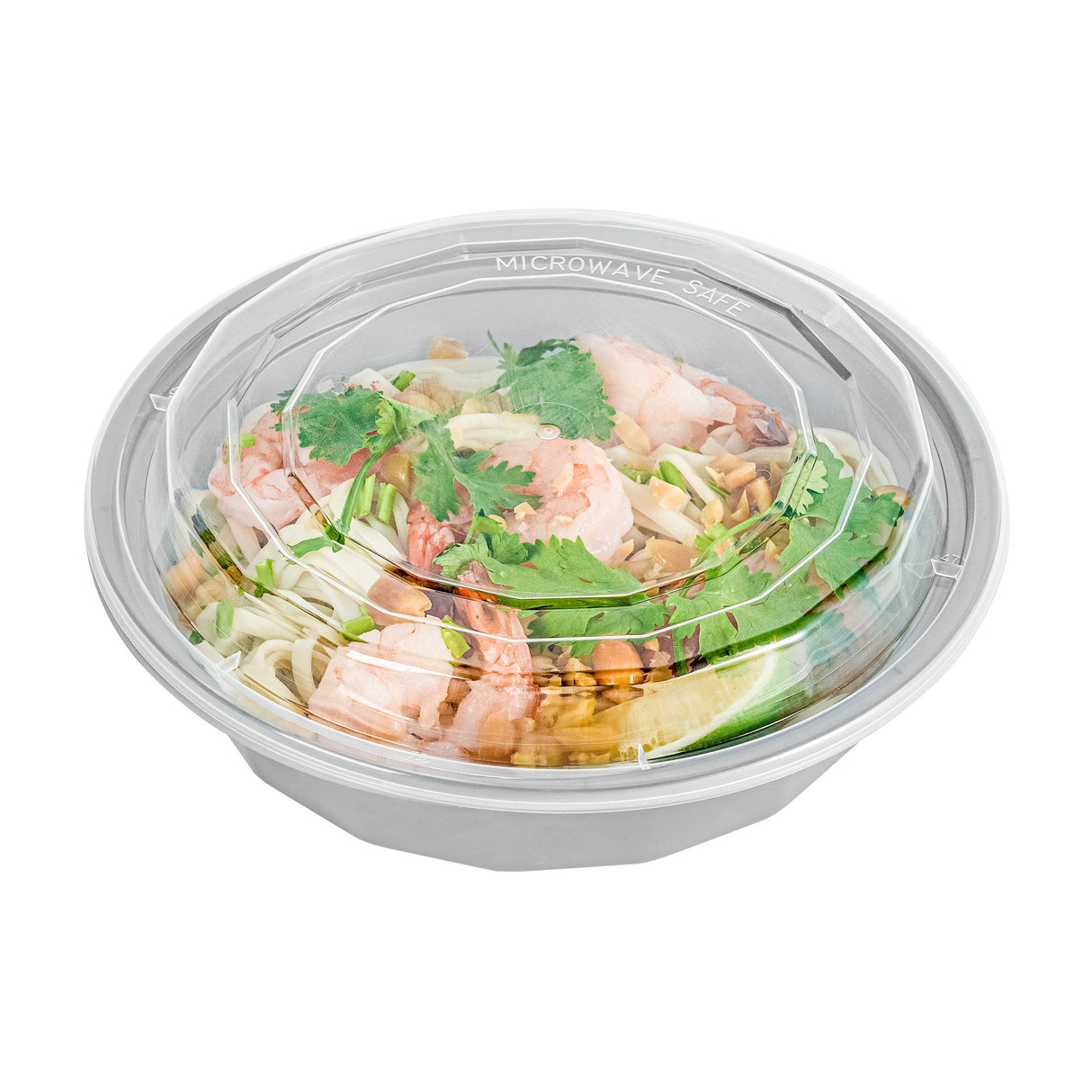 Boxes, To-Go, Asporto 24 Ounce, Microwavable Plastic, Silver, 7.25 x 7.25 x 1.50 Inch, Includes Clear Plastic Lid, Round,2 - 50 COUNT