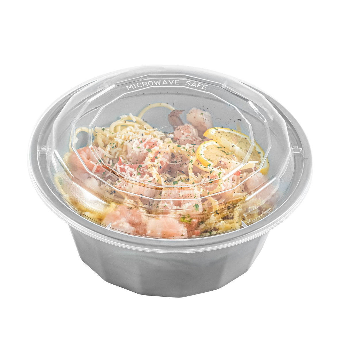 Boxes, To-Go, Asporto 32 Ounce, Microwavable Plastic, Silver, 7.25 x 7.25 x 3 Inch, Includes Clear Plastic Lid, Round,2 - 50 COUNT