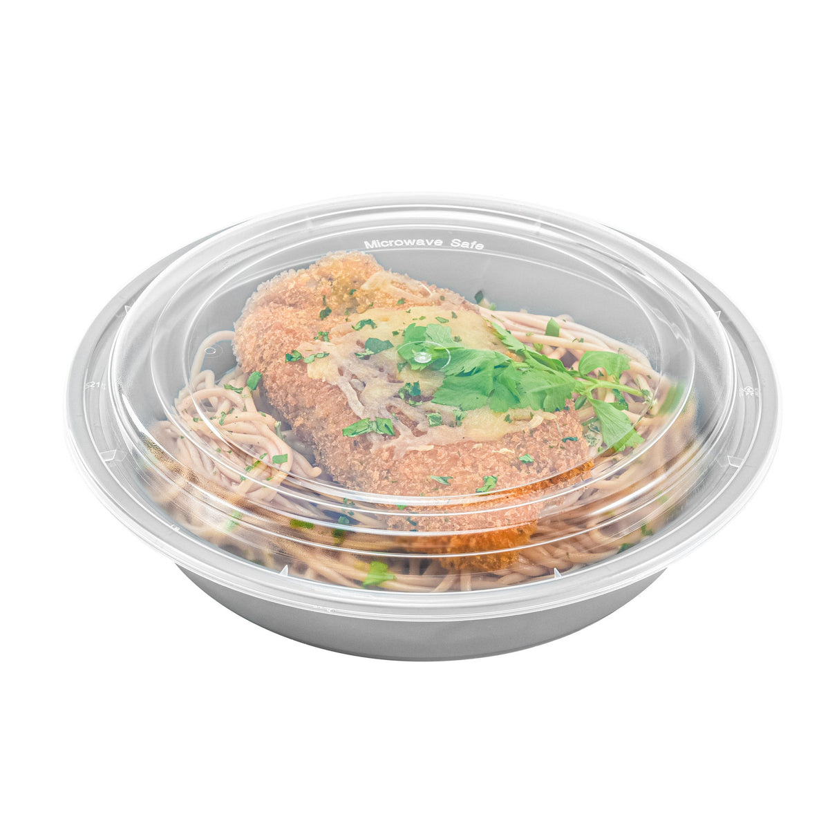 Boxes, To-Go, Asporto 48 Ounce, Microwavable Plastic, Silver, 9 x 9 x 1.75 Inch, Includes Clear Plastic Lid, Round,2 - 50 COUNT