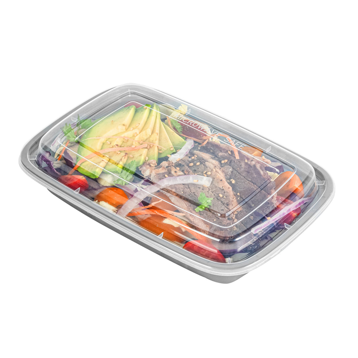 Boxes, To-Go, Asporto 16 Ounce, Microwavable Plastic, Silver, 7.75 x 5.50 x 1.50 Inch, Includes Clear Plastic Lid, Rectangular,2 - 50 COUNT