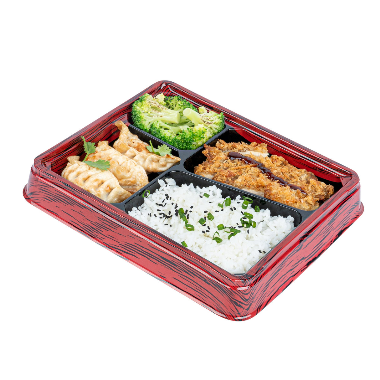 Boxes, 4-Compartment, Bento Tek 19 Ounce, Plastic, Red & Black, 9.25 x 7.75 x 1.25 Inch, Rectangular,2 - 50 COUNT