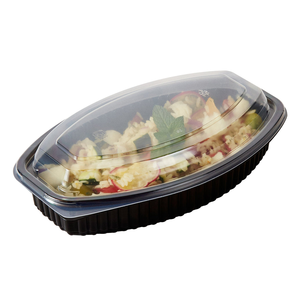 Containers, Food, RW Base 24 Ounce, Microwavable Plastic, Black, 9.25 x 5.75 x 2.50 Inch, Oval, Includes Clear Lid,50 - 1 EACH