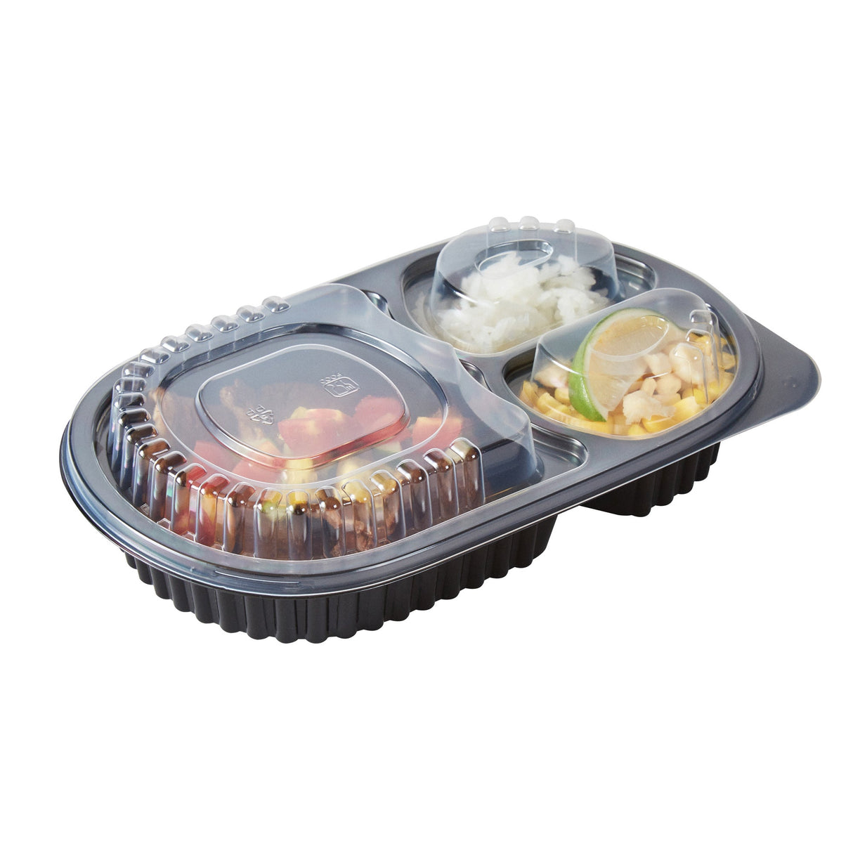 Containers, 3-Compartment, RW Base 19 Ounce, Microwavable Plastic, Black, 9.25 x 6 x 2.25 Inch, Oval, Includes Clear Lid,50 - 1 EACH